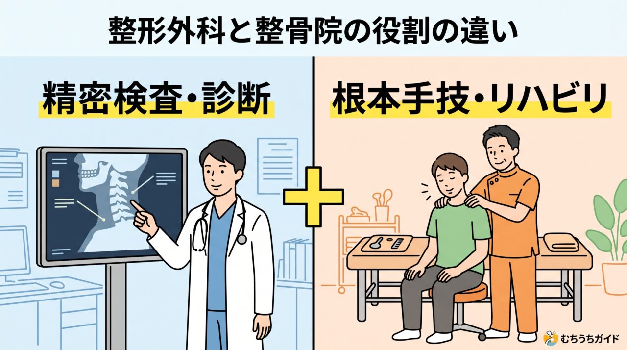 整形外科の精密検査機能と整骨院の手技リハビリ機能の違いを表す対比イラスト