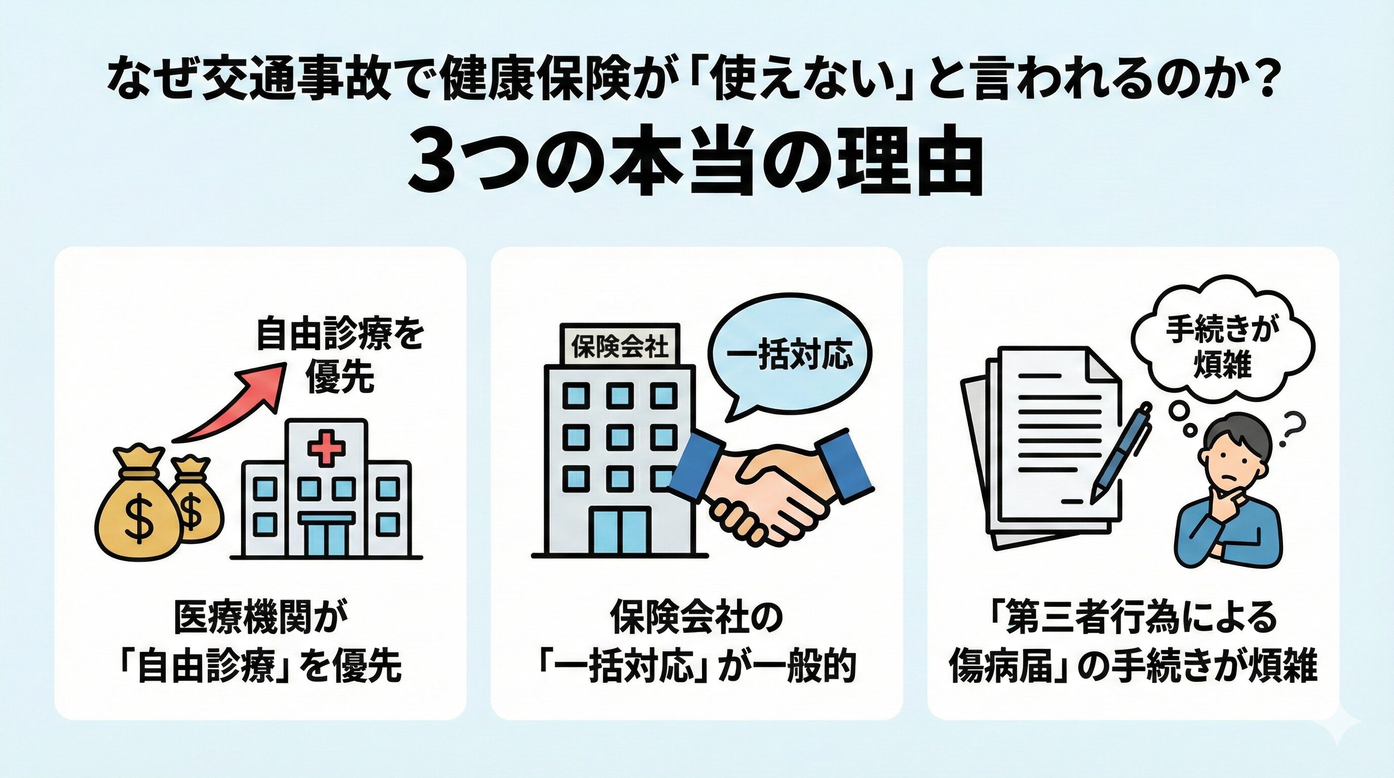 交通事故で健康保険が使えないと言われる3つの理由（自由診療の収益、保険会社の都合、手続きの煩雑さ）を説明するアイコンイラスト