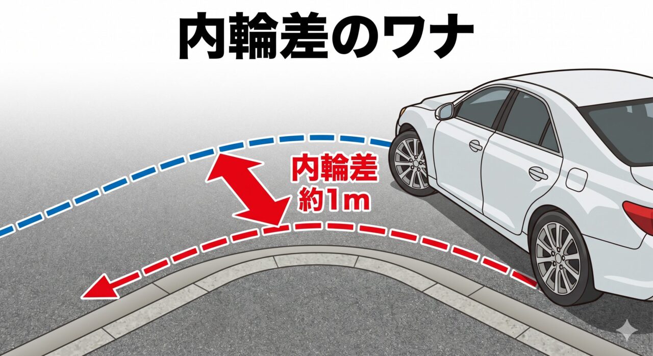 左折時の内輪差を示す図解。前輪と後輪の通り道の差が約1メートルあることを示す。