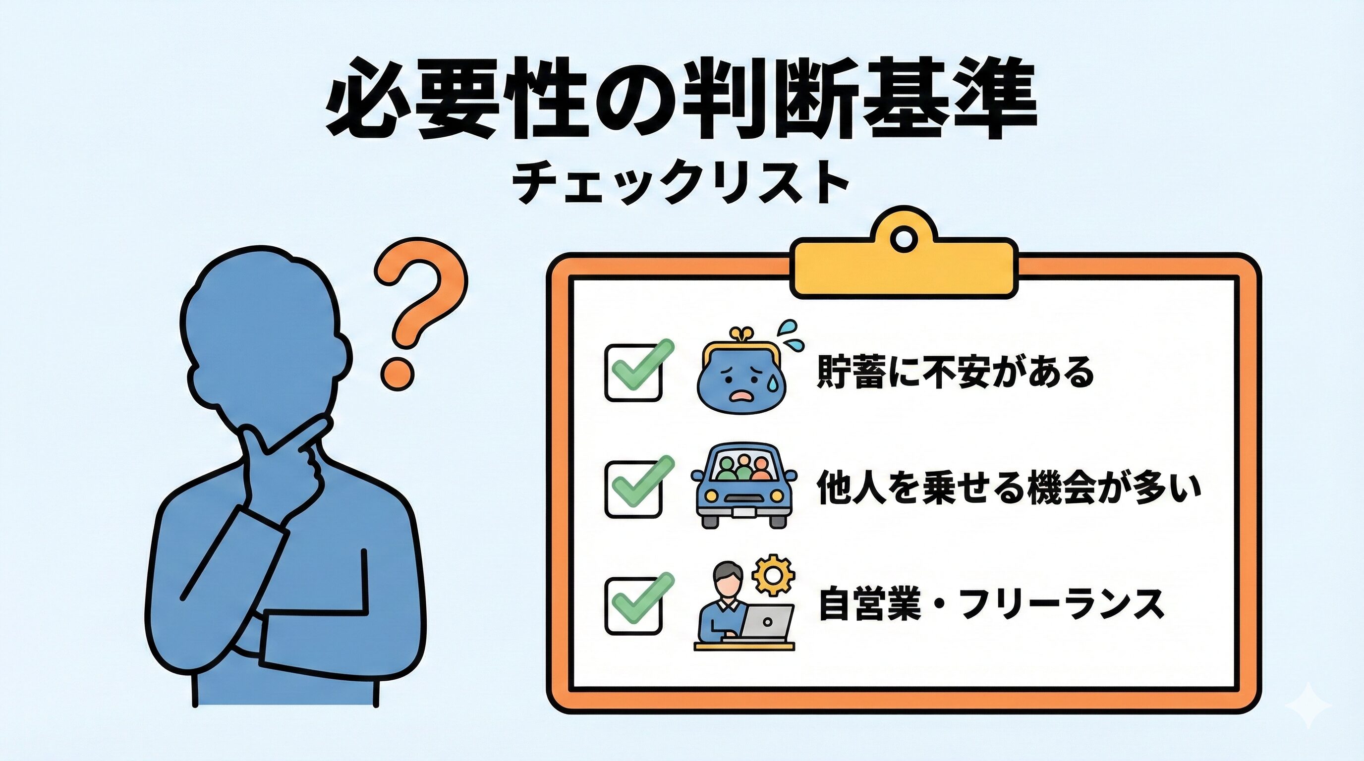 搭乗者傷害保険が必要かどうかを判断するためのセルフチェック図解