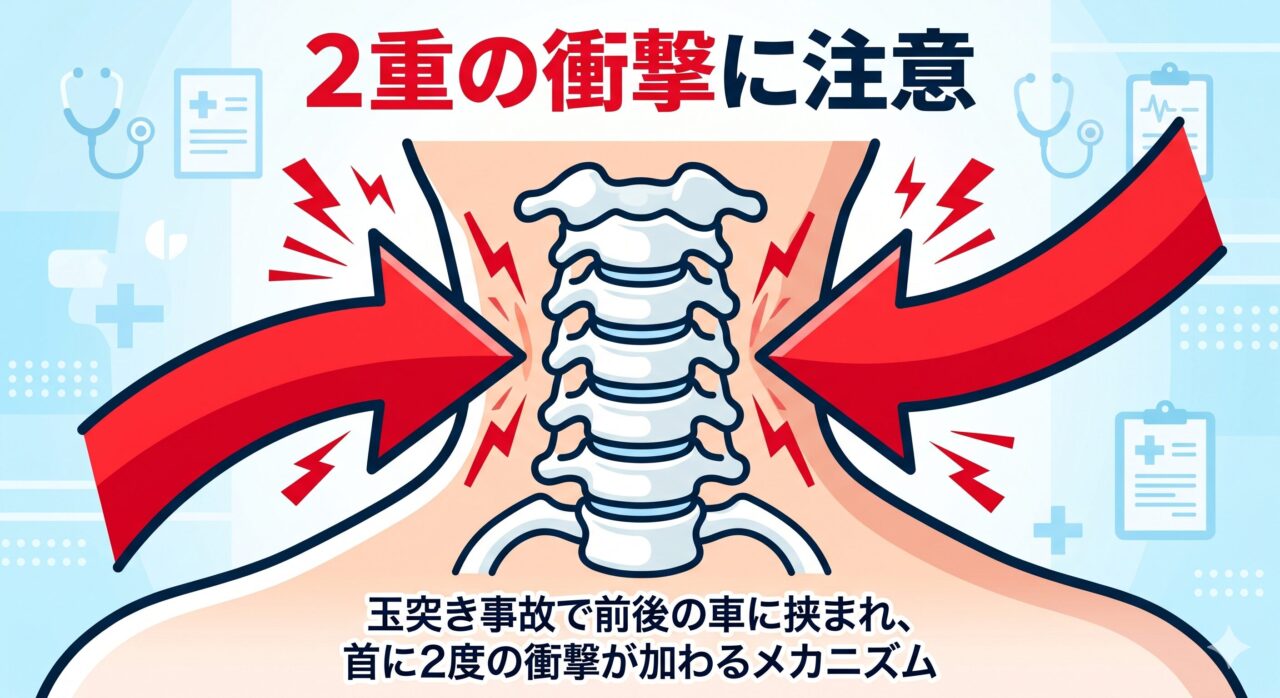 玉突き事故で前後の車に挟まれ、首に2度の衝撃が加わるメカニズムの解説図。