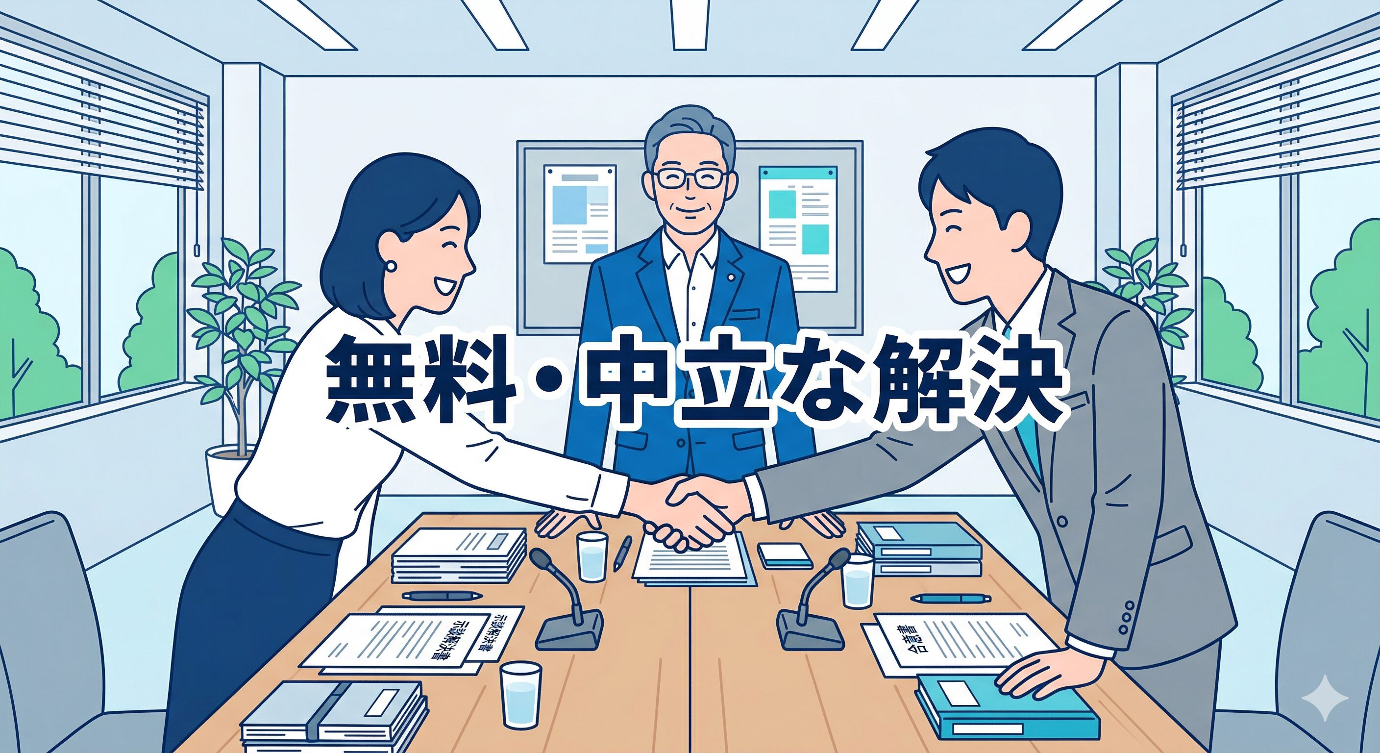 専門家の仲介によって交通事故の示談が円満に解決し、当事者が握手を交わすイラスト