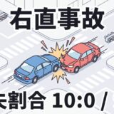 右直事故の過失割合10対0と9対1を解説するアイキャッチ画像。青い直進車と赤い右折車が交差点で向き合っているイラスト。