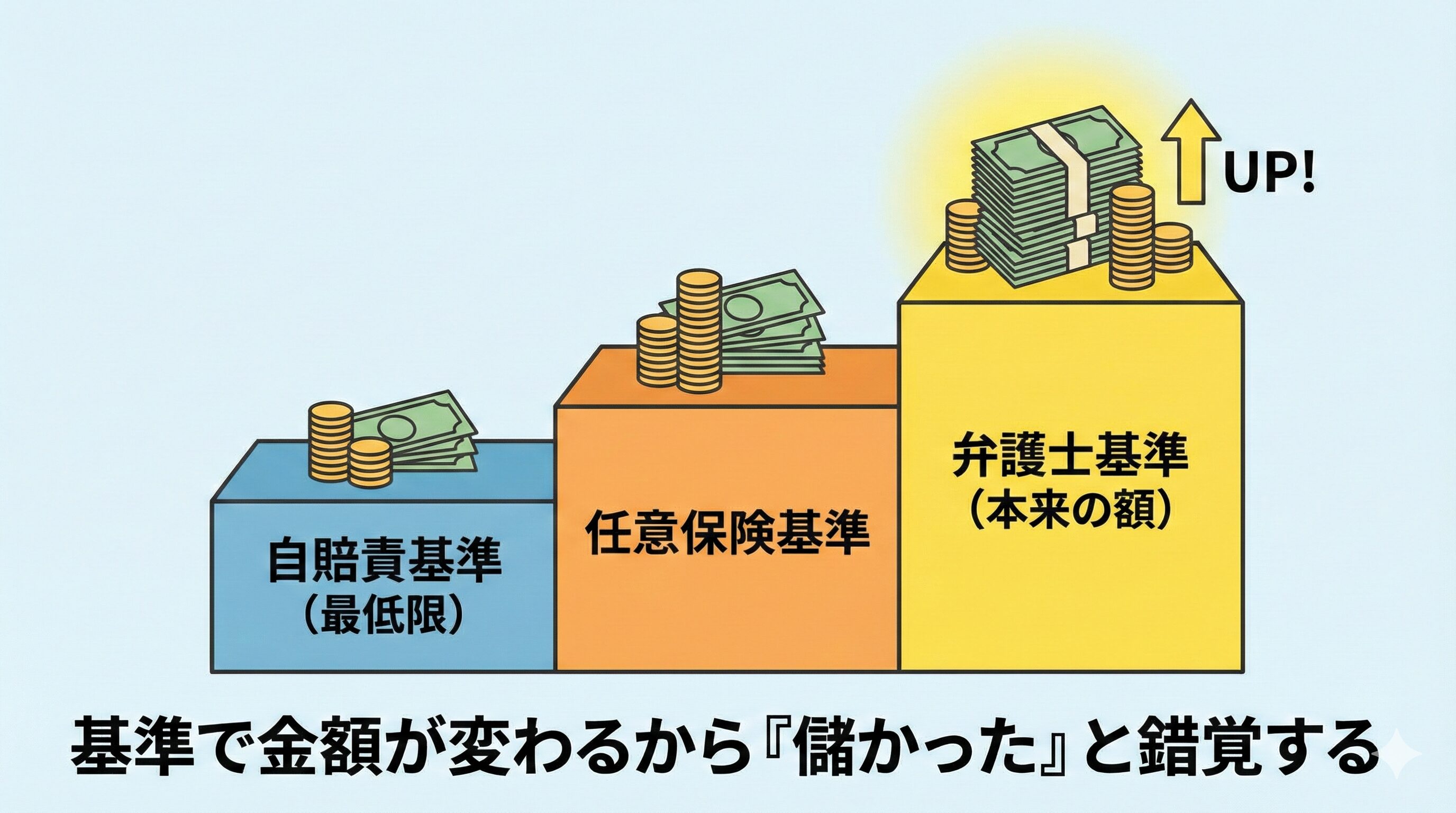 全く同じ「むちうち」の怪我をした3人の人物を並べ、それぞれが採用した「基準」によって、最終的に受け取る「お金の大きさ」が劇的に変わる様子