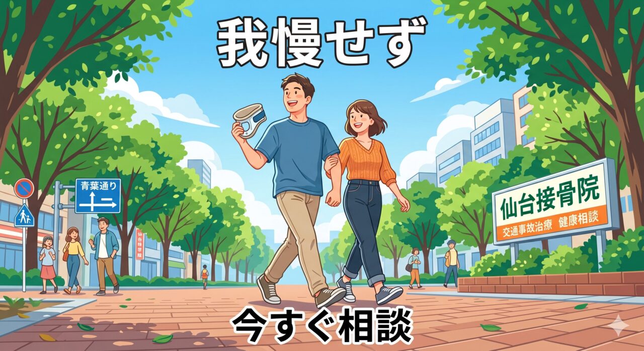 交通事故の治療を終えて笑顔で歩く人のイラスト。早期治療と相談を促すポジティブなイメージ。