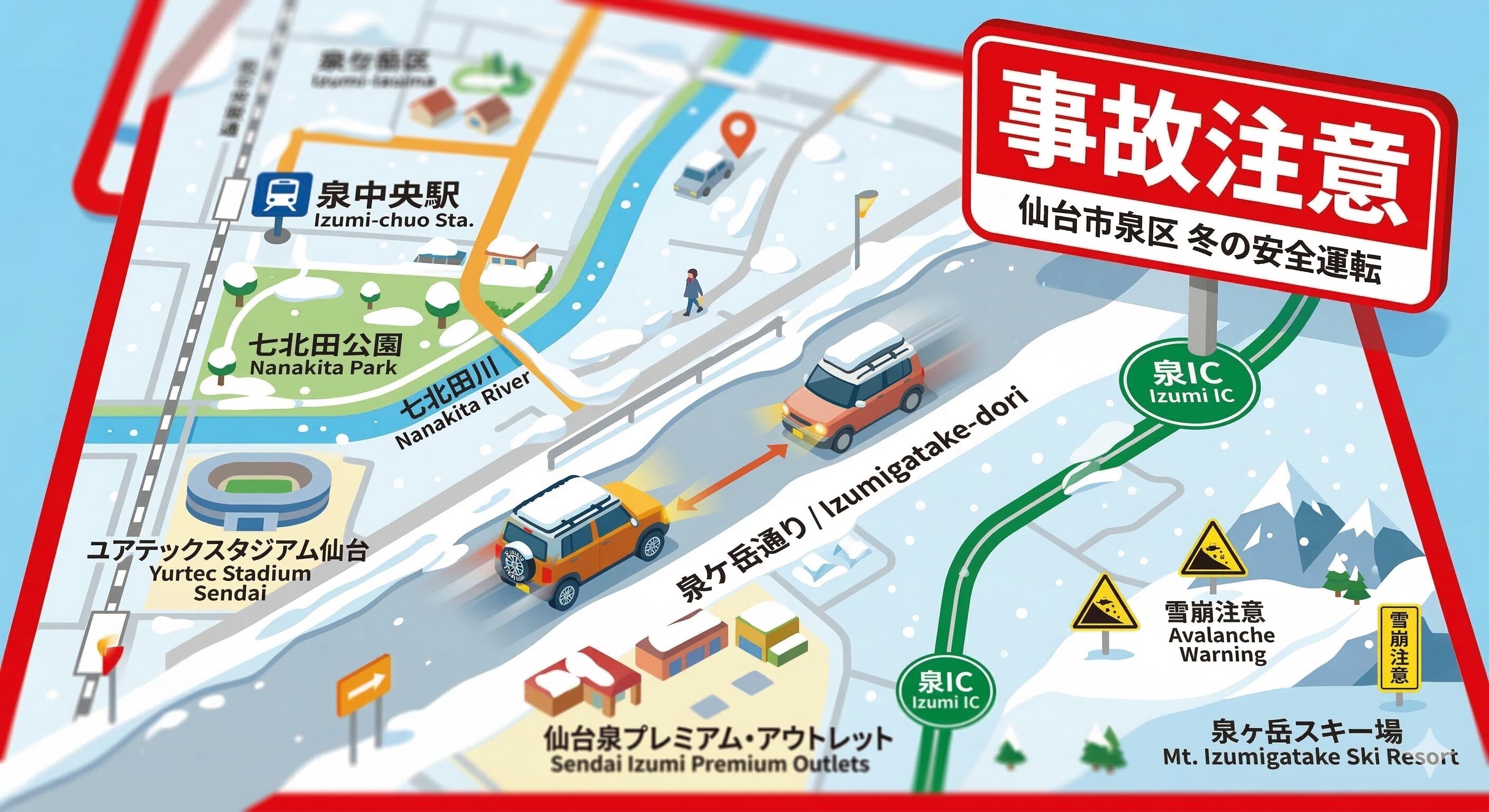 仙台市泉区の凍結した坂道を慎重に走行する車のイラスト。交通事故への注意喚起。