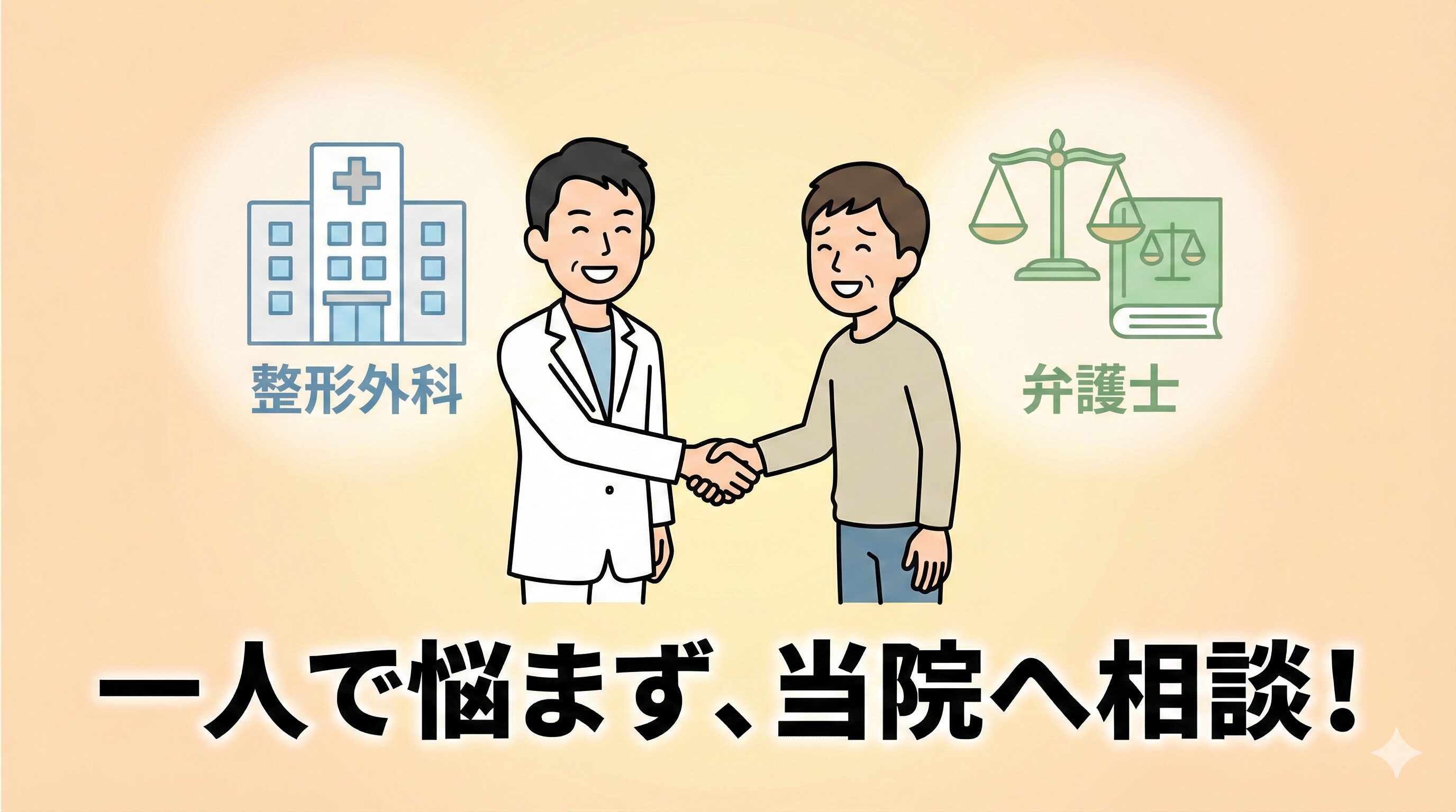 接骨院の院長が患者と握手を交わし、整形外科や弁護士と連携して全面的にサポートする姿勢を表現した、安心感のあるメッセージ画像。