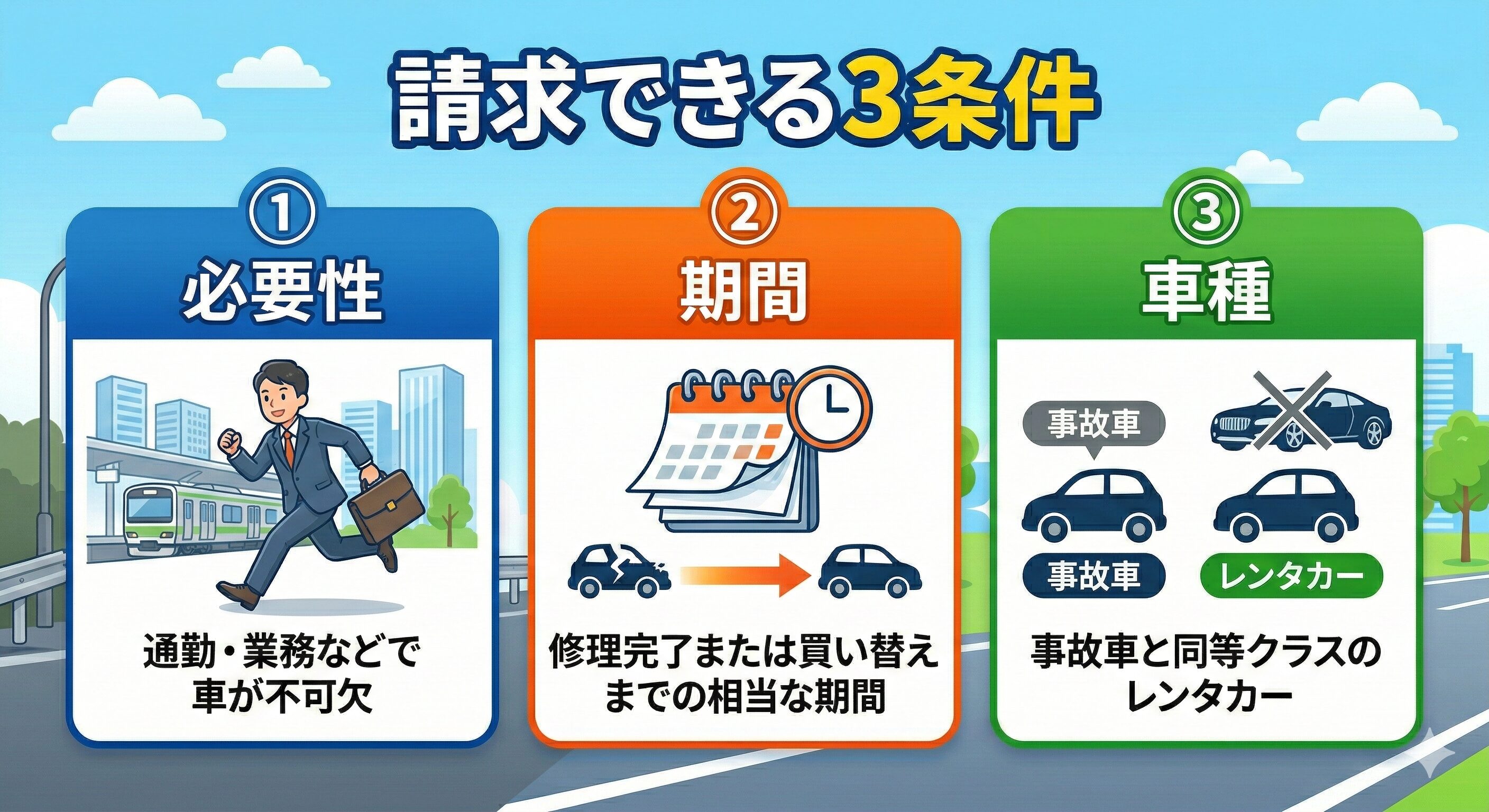 レンタカー費用の請求に必要な「代車の必要性」「相当な期間」「相当な車種」の3条件を示すインフォグラフィック。