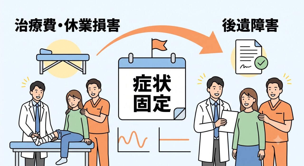 治療段階から後遺障害サポート段階への移行を示すタイムラインのインフォグラフィックイラスト。 