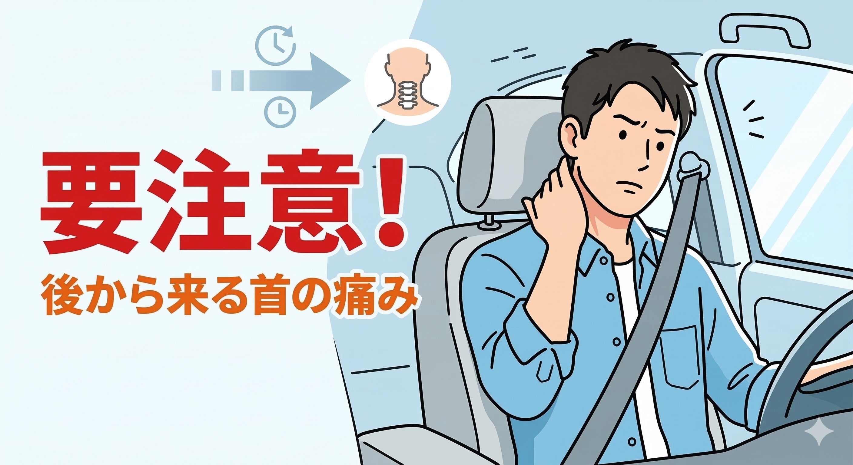 レンタカー事故の数日後に首の違和感(むちうち)に気づいた人物のイラスト