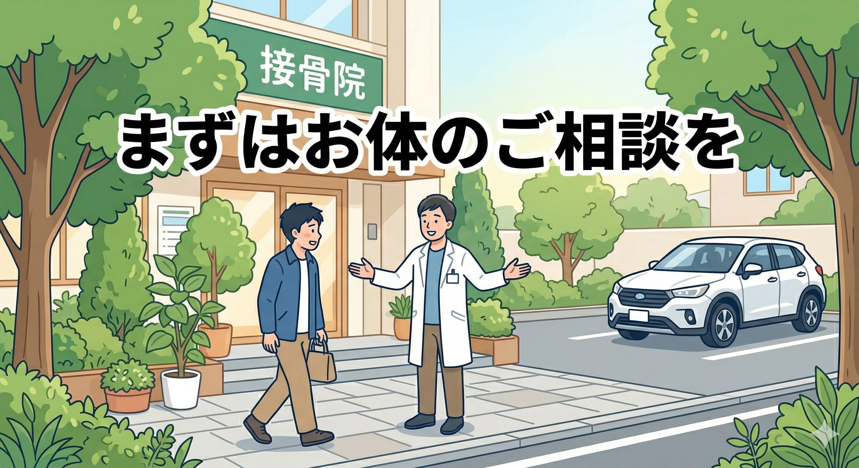交通事故の悩みを持つ患者を温かく接骨院に迎え入れる院長のイラスト。