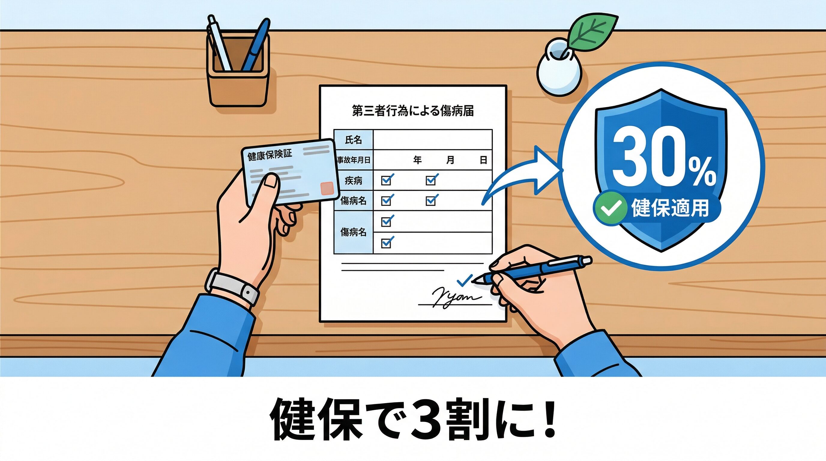 交通事故の治療費負担を3割に減らすための健康保険証と書類手続きの俯瞰イラスト