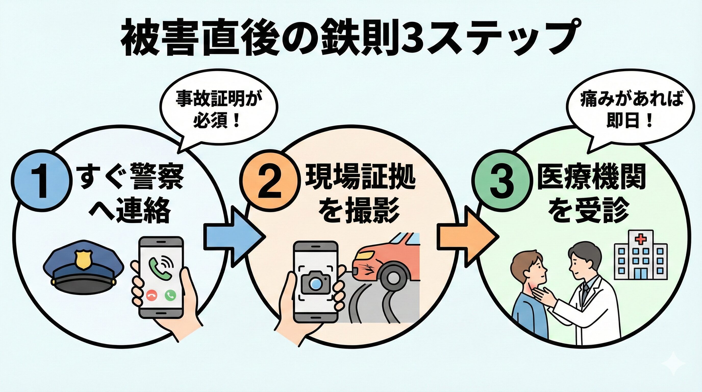 ひき逃げ・当て逃げ被害に遭った直後に行うべき3つの重要アクション(警察連絡、証拠撮影、医療機関受診)のフロー図解。