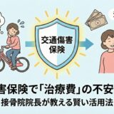 交通事故の不安を交通傷害保険が解消し、接骨院で安心して治療を受ける様子のイラスト。
