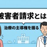 交通事故の被害者請求について、笑顔の患者とサポートする接骨院院長・行政書士のイラスト。