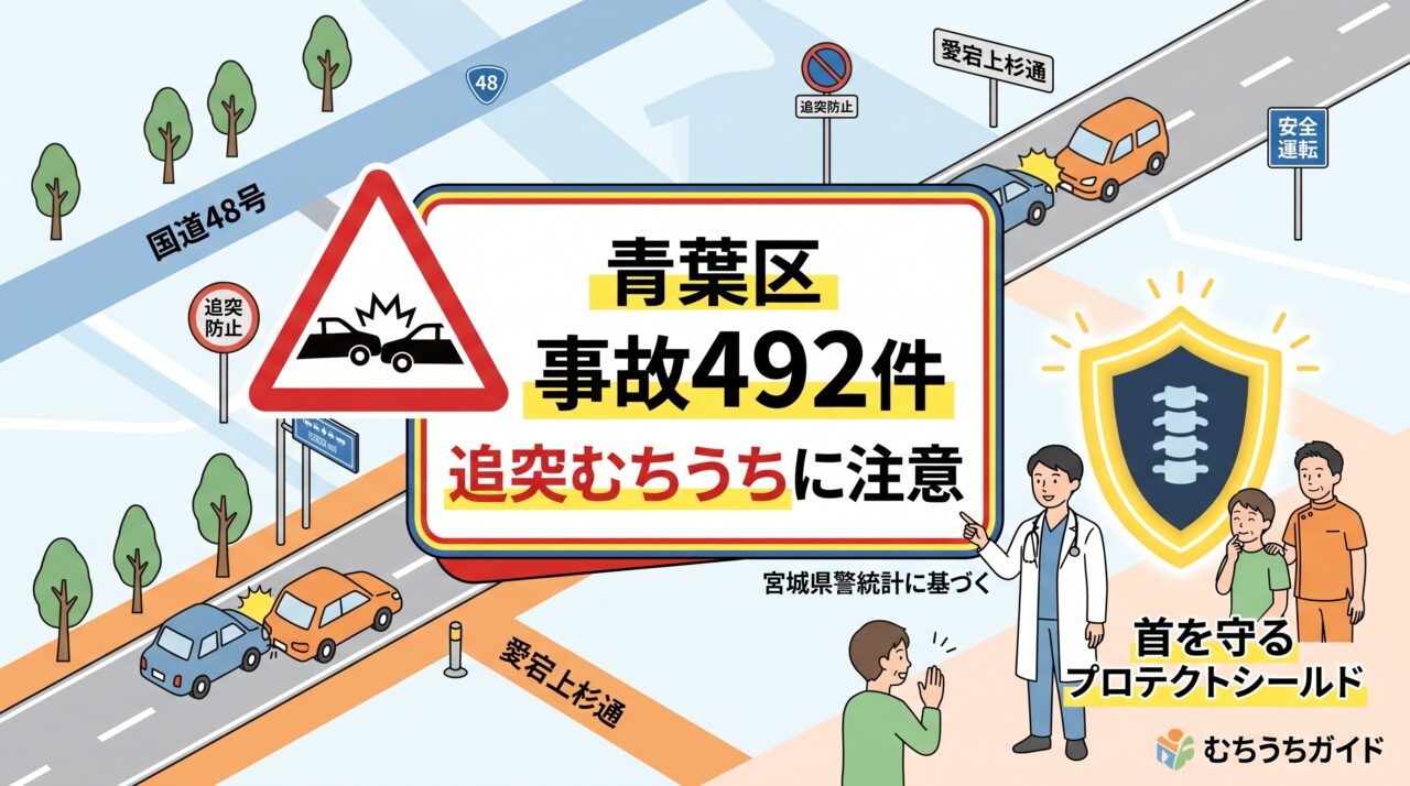 宮城県警統計に基づく仙台市青葉区の交通事故発生件数とむち打ち注意を伝えるインフォグラフィック
