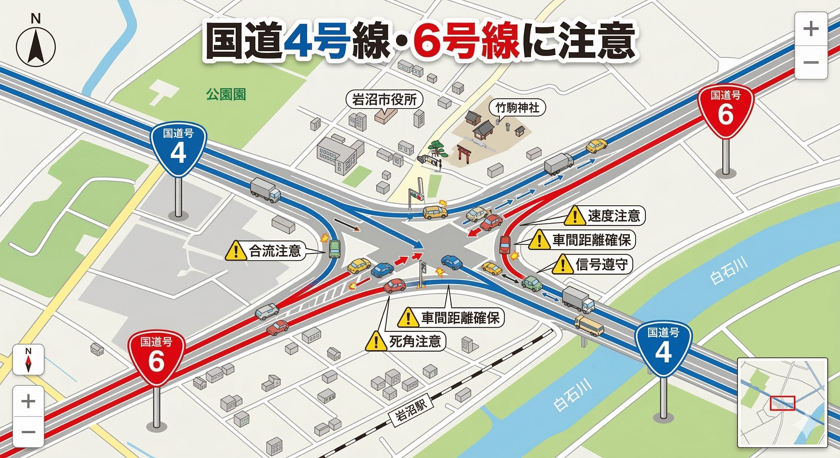 岩沼市内の国道4号線と6号線の合流地点を示す、注意喚起のイラストマップ