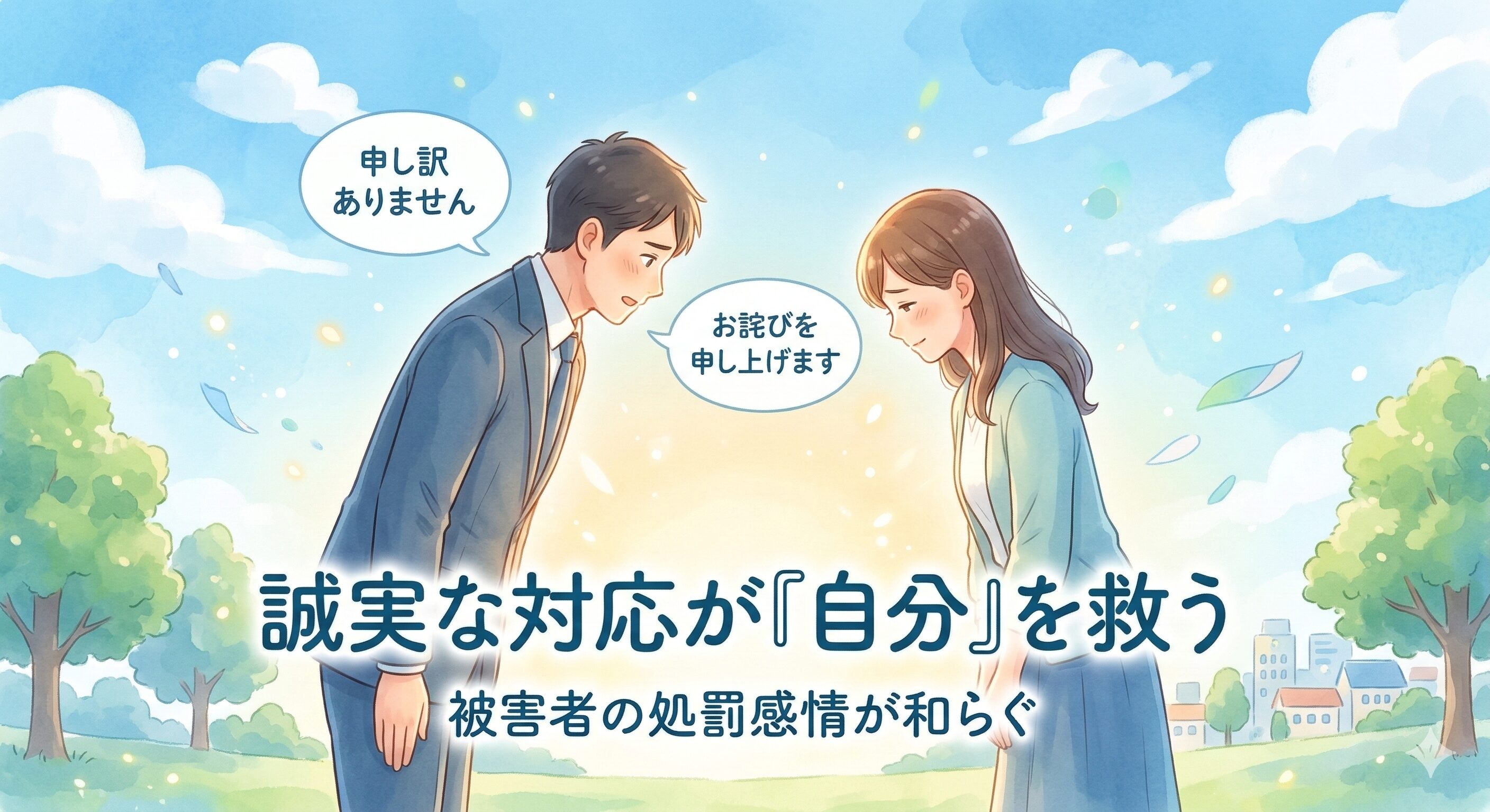交通事故の加害者が誠実にお詫びをすることで、被害者の処罰感情が和らぎ、刑事処分に良い影響を与えることを示すイメージ図。