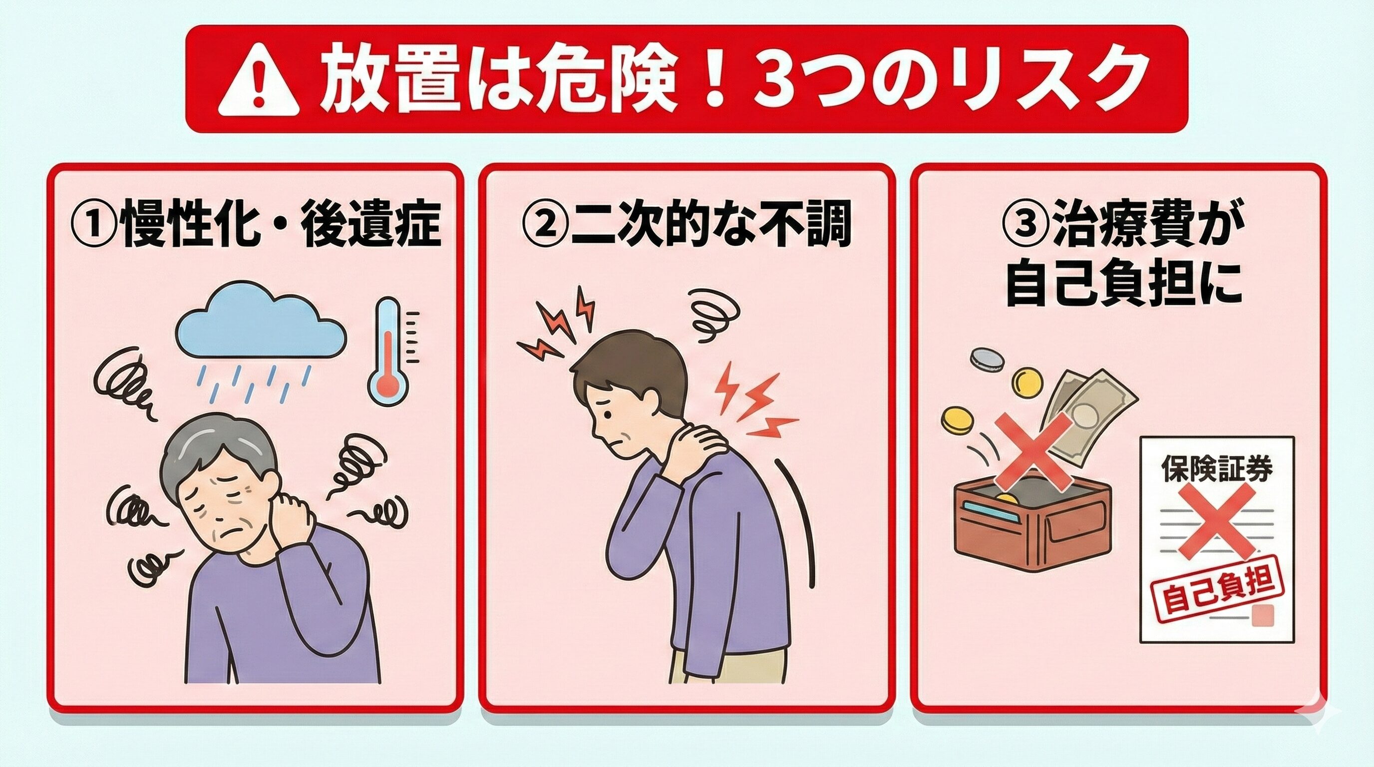 むちうちを放置した場合の3つのリスク(①雨の日の不調などの慢性化・後遺症、②肩こりなどの二次的な不調、③示談後の治療費が自己負担になる経済的リスク)を警告するイラスト。