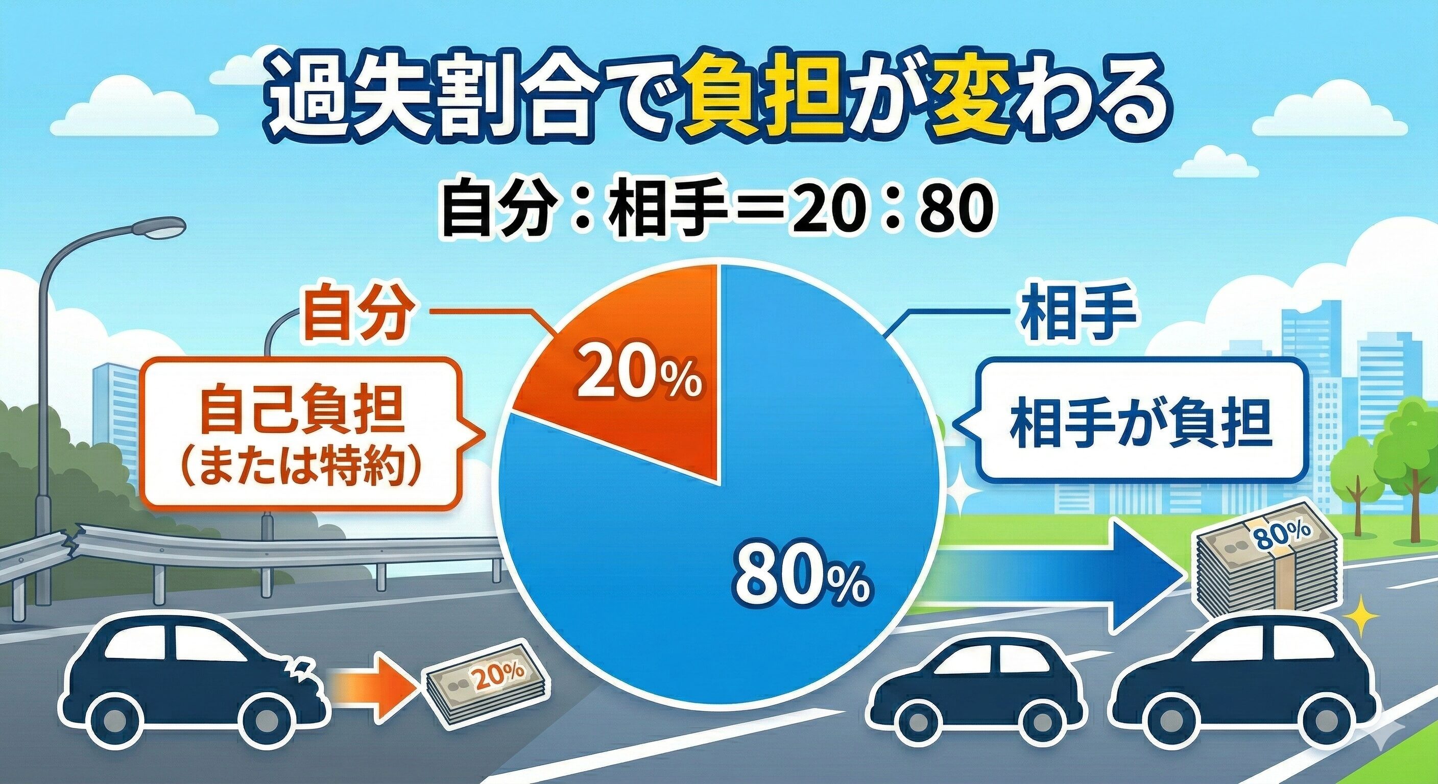 交通事故の過失割合が20:80の場合のレンタカー費用負担割合を示す図解。自己負担分が発生する仕組みを解説。