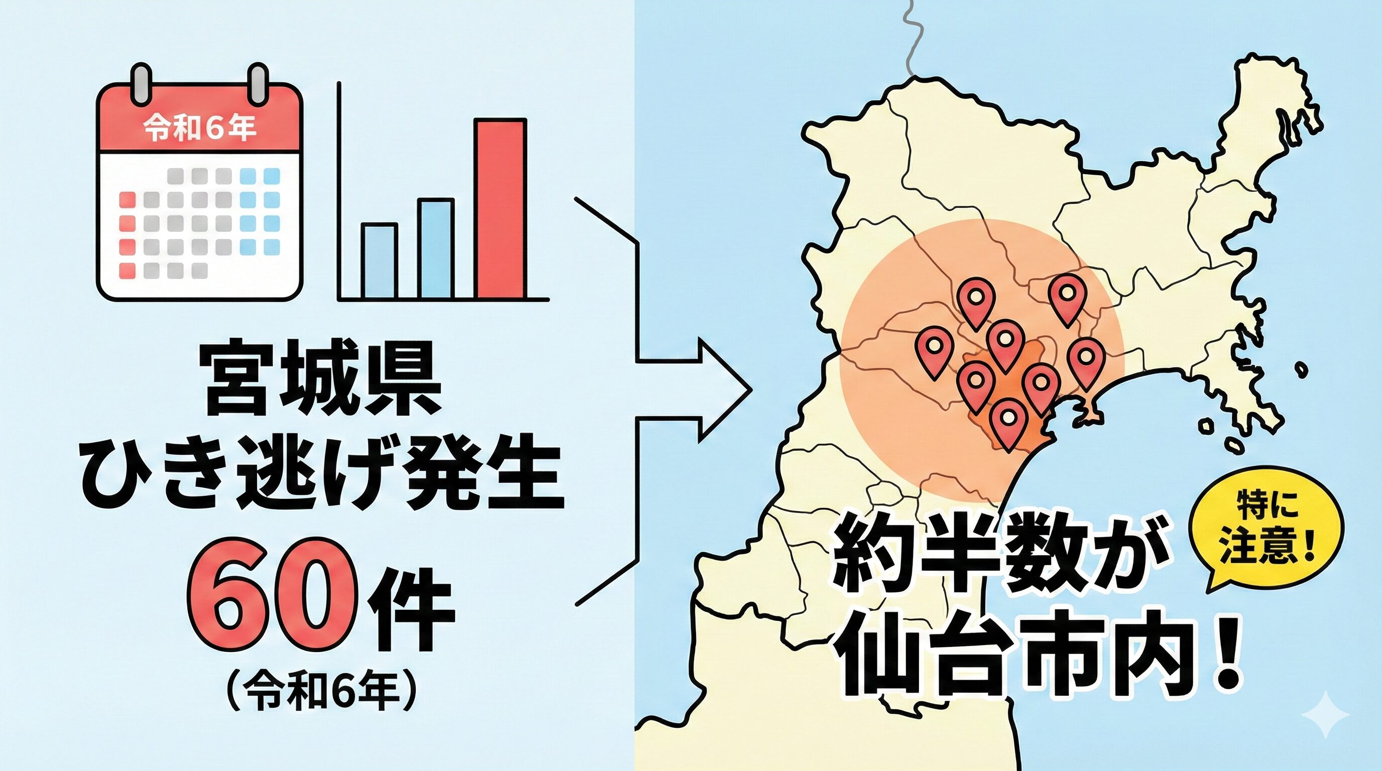 令和6年の宮城県内交通事故統計データ図解。ひき逃げ発生60件のうち約半数が仙台市内で発生していることを地図で強調。
