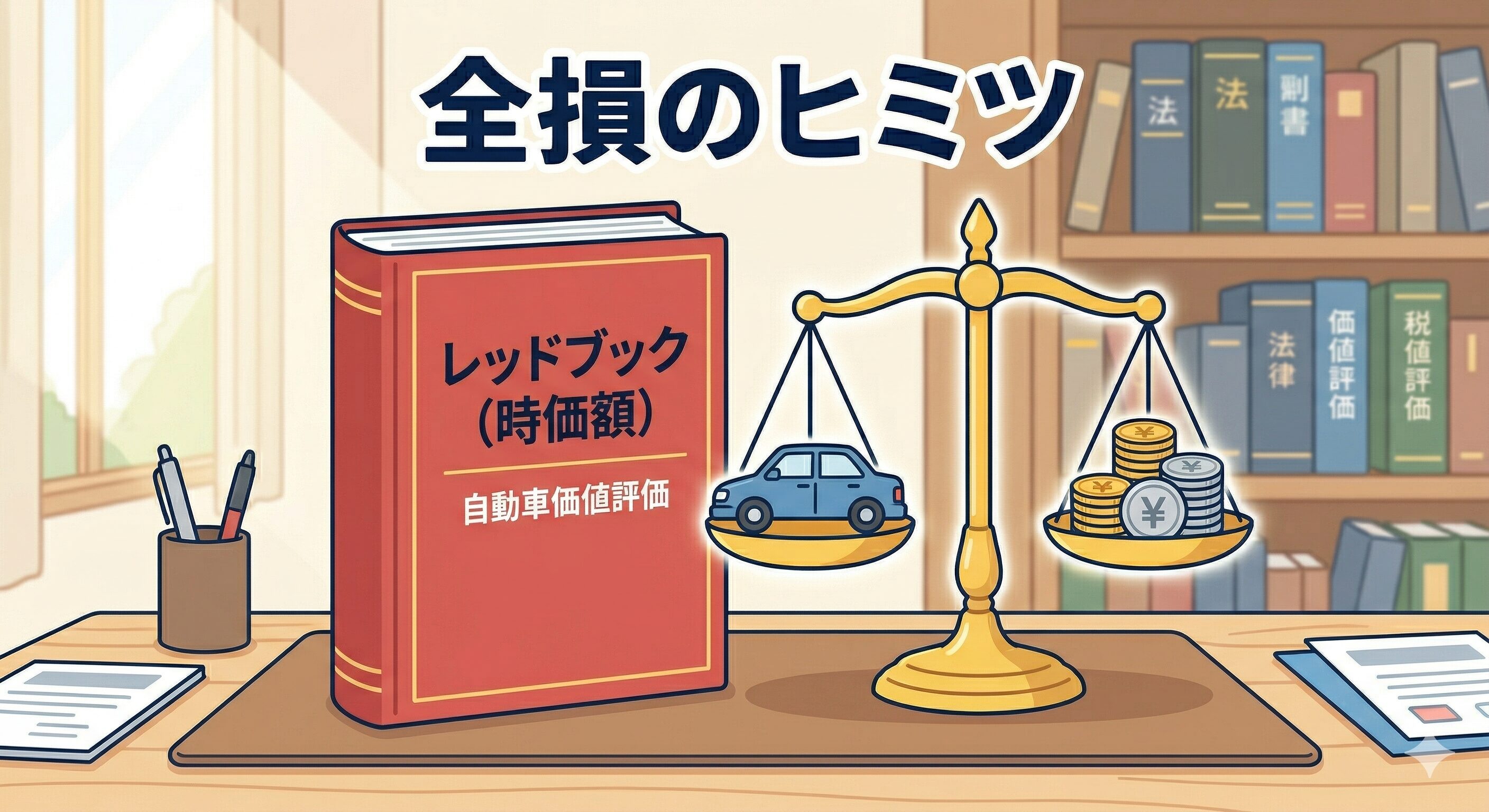 車の時価額を評価する赤い本と、価値を測る天秤のイラスト。