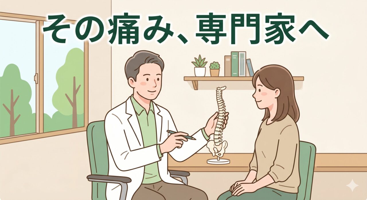 接骨院の院長が患者様に模型を使って丁寧に説明している、安心感のあるイラスト。