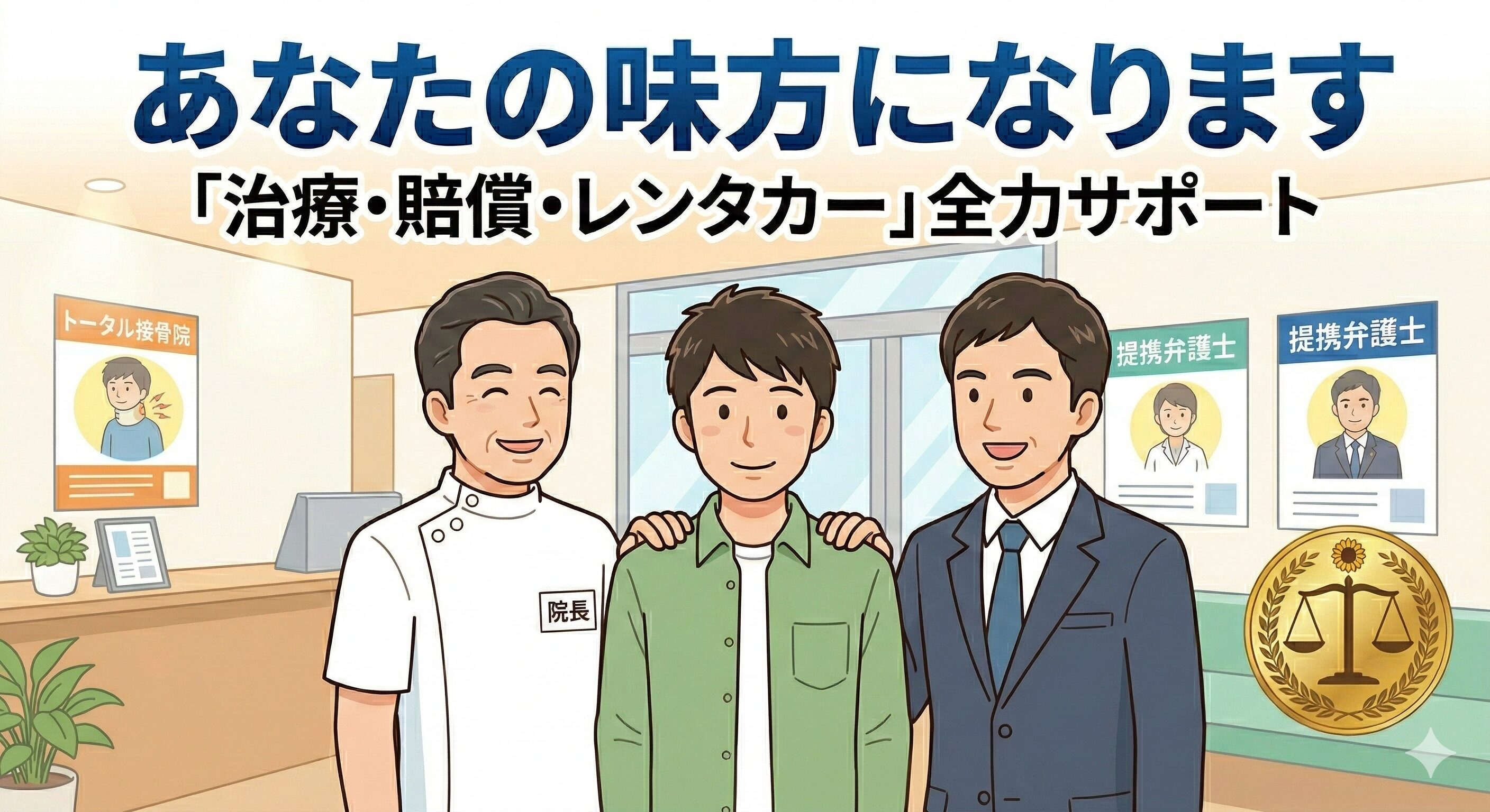 仙台の接骨院と提携弁護士が交通事故被害者の治療とレンタカー交渉をトータルサポートすることを示す安心感のあるイラスト。
