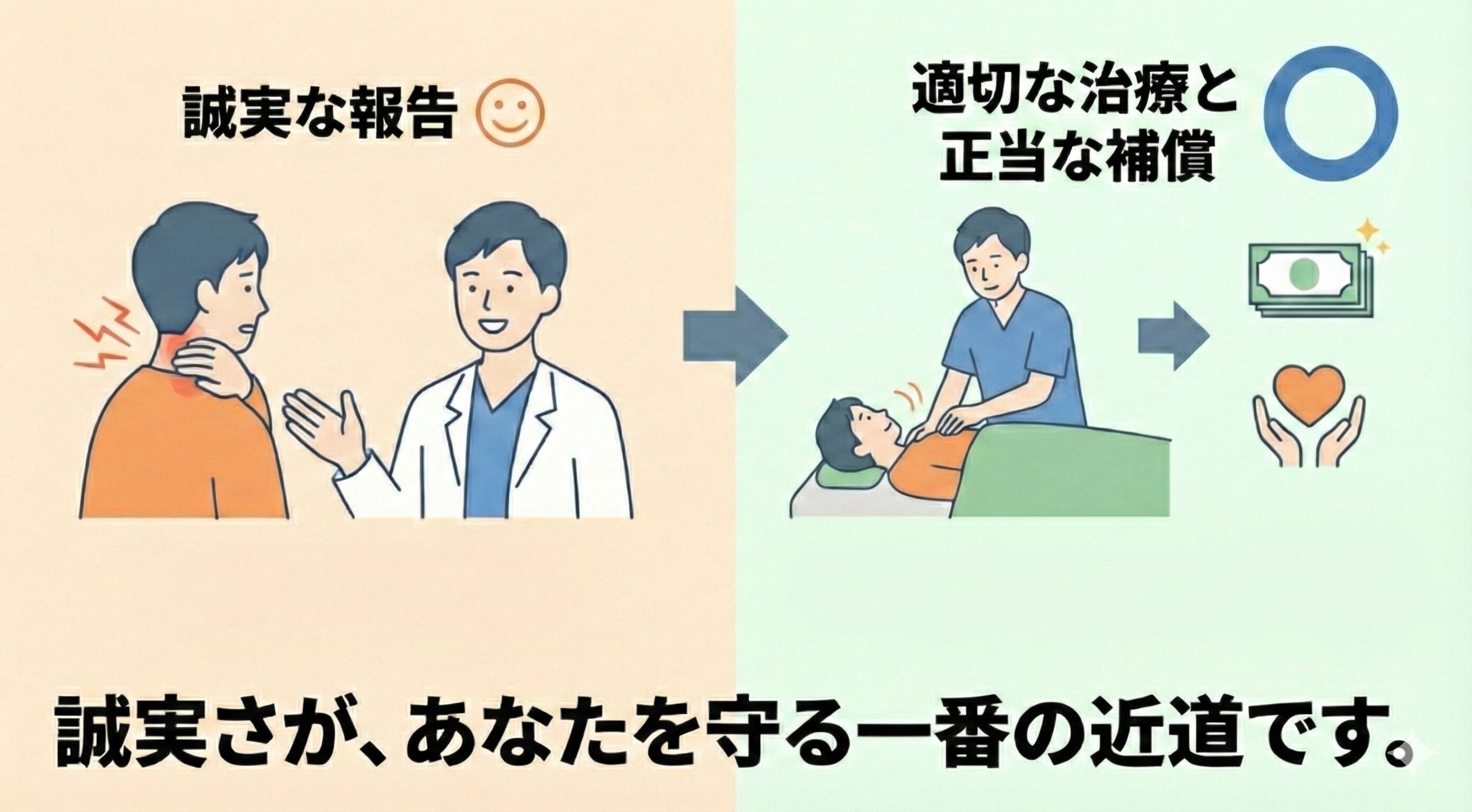 誠実な受診が適切な治療と正当な補償につながることを示すイラスト