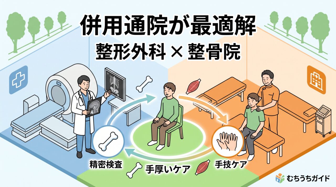 整形外科の画像診断と整骨院の手技ケアを組み合わせた併用通院のメリットを示すイラスト