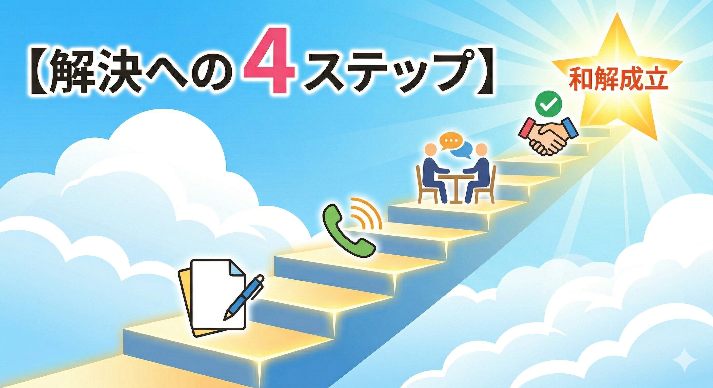 交通事故紛争処理センターに申し立てをしてから和解が成立するまでのスムーズな流れを表す階段のイラスト