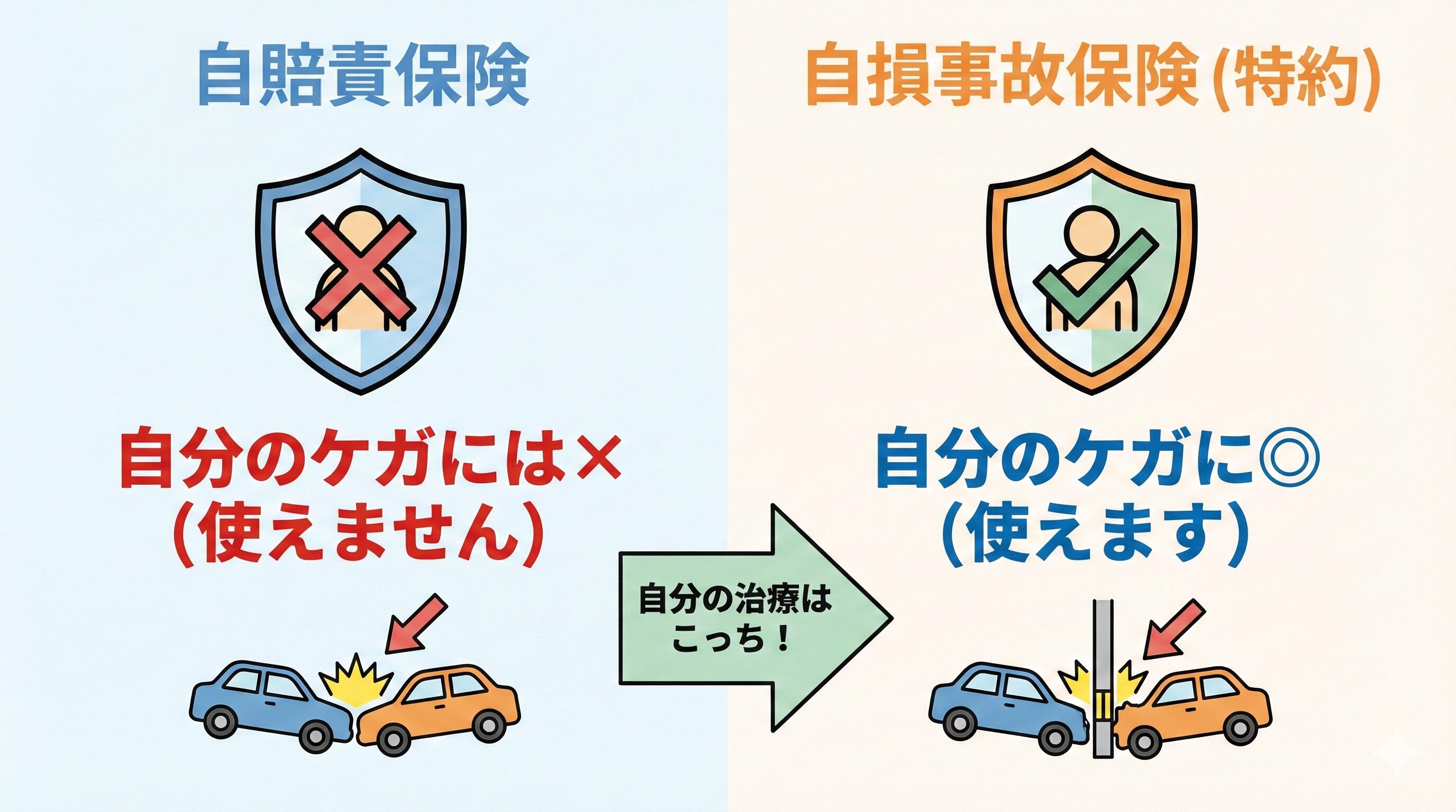 自損事故では自賠責保険は使えず、自損事故保険（特約）が自分のケガの補償となることを示す比較図解イラスト。