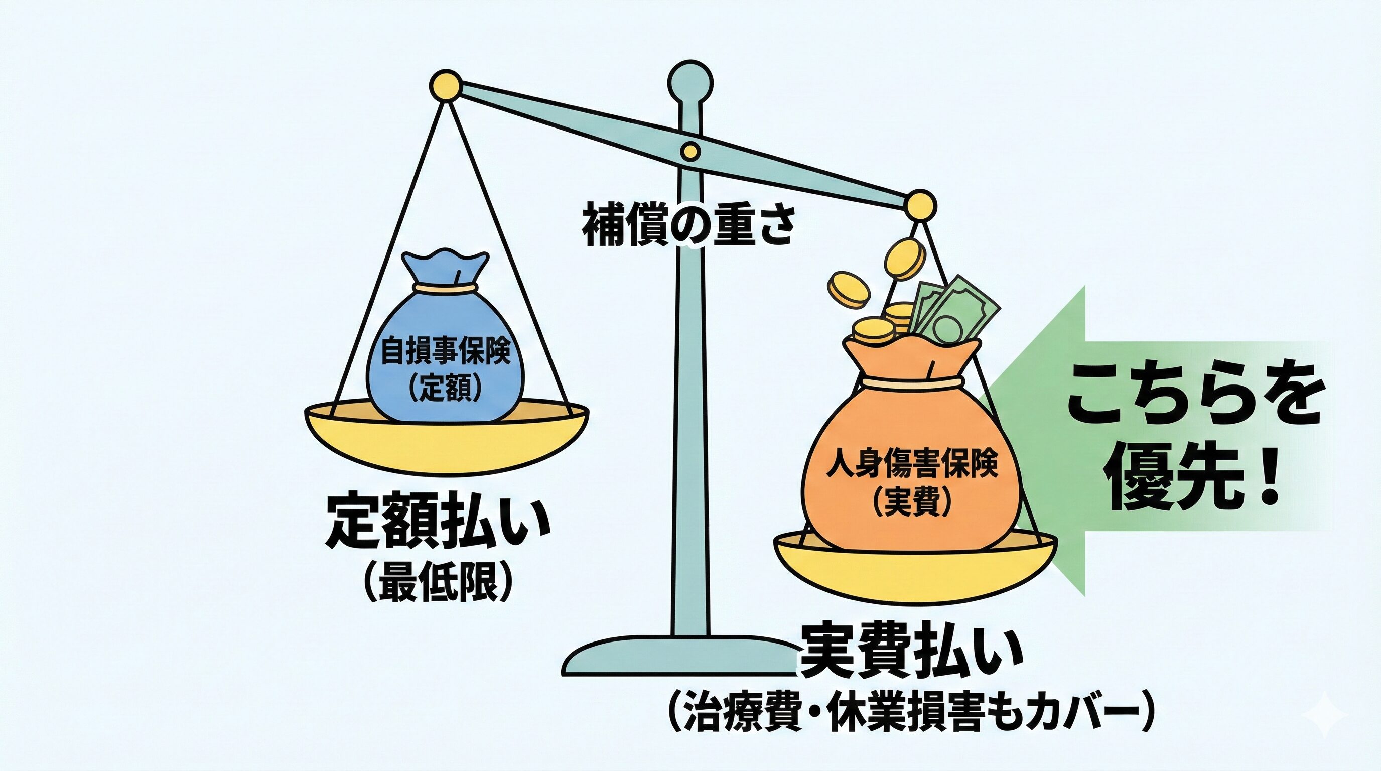 天秤のイラストによる比較図。自損事故保険（定額）よりも人身傷害保険（実費・手厚い補償）の方が補償内容が充実しており、優先すべきであることを示している。