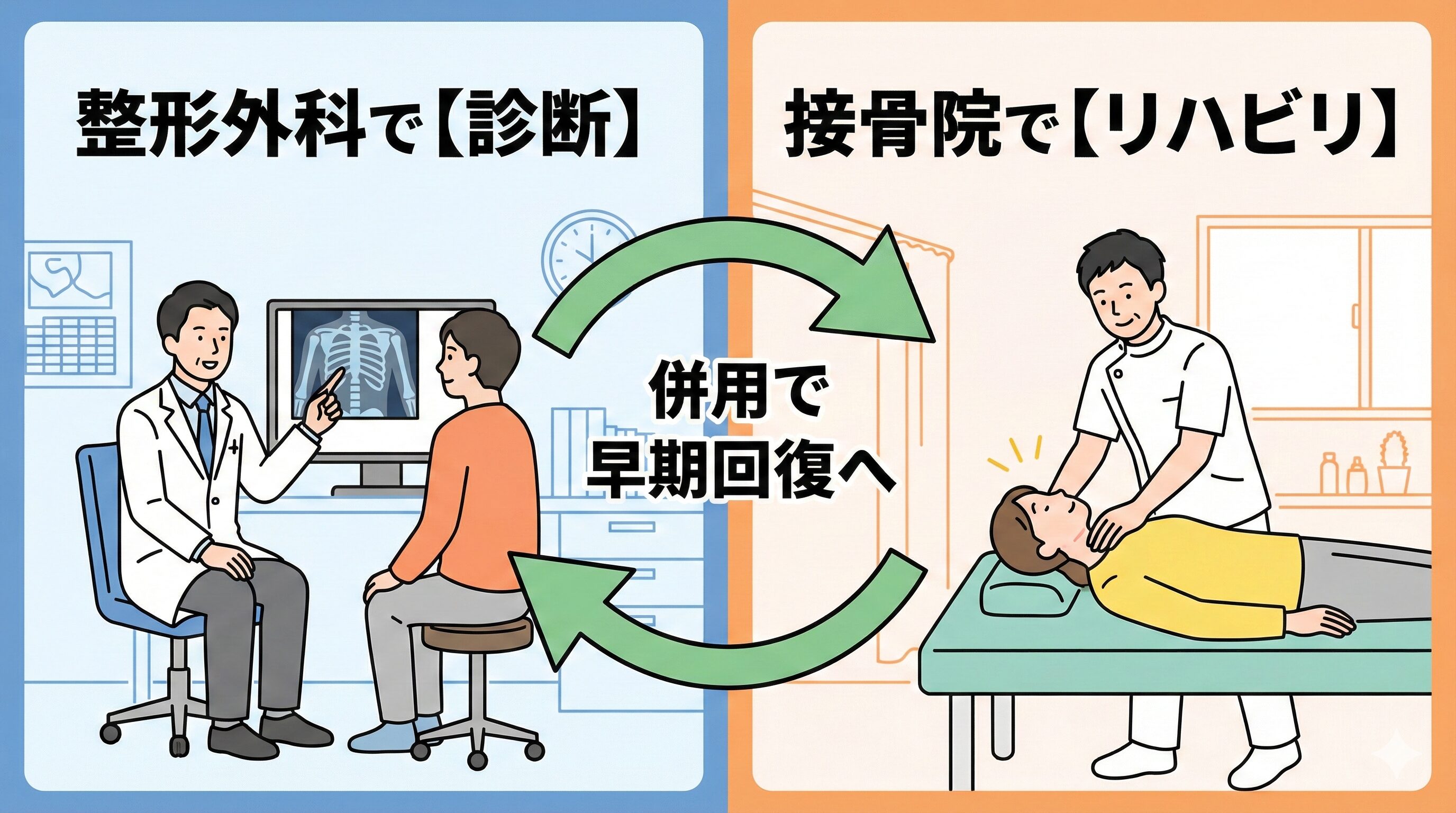整形外科での医師による診断風景と、接骨院での柔道整復師によるリハビリ施術風景を並べたイラスト。交通事故治療における賢い併用を推奨するイメージ。