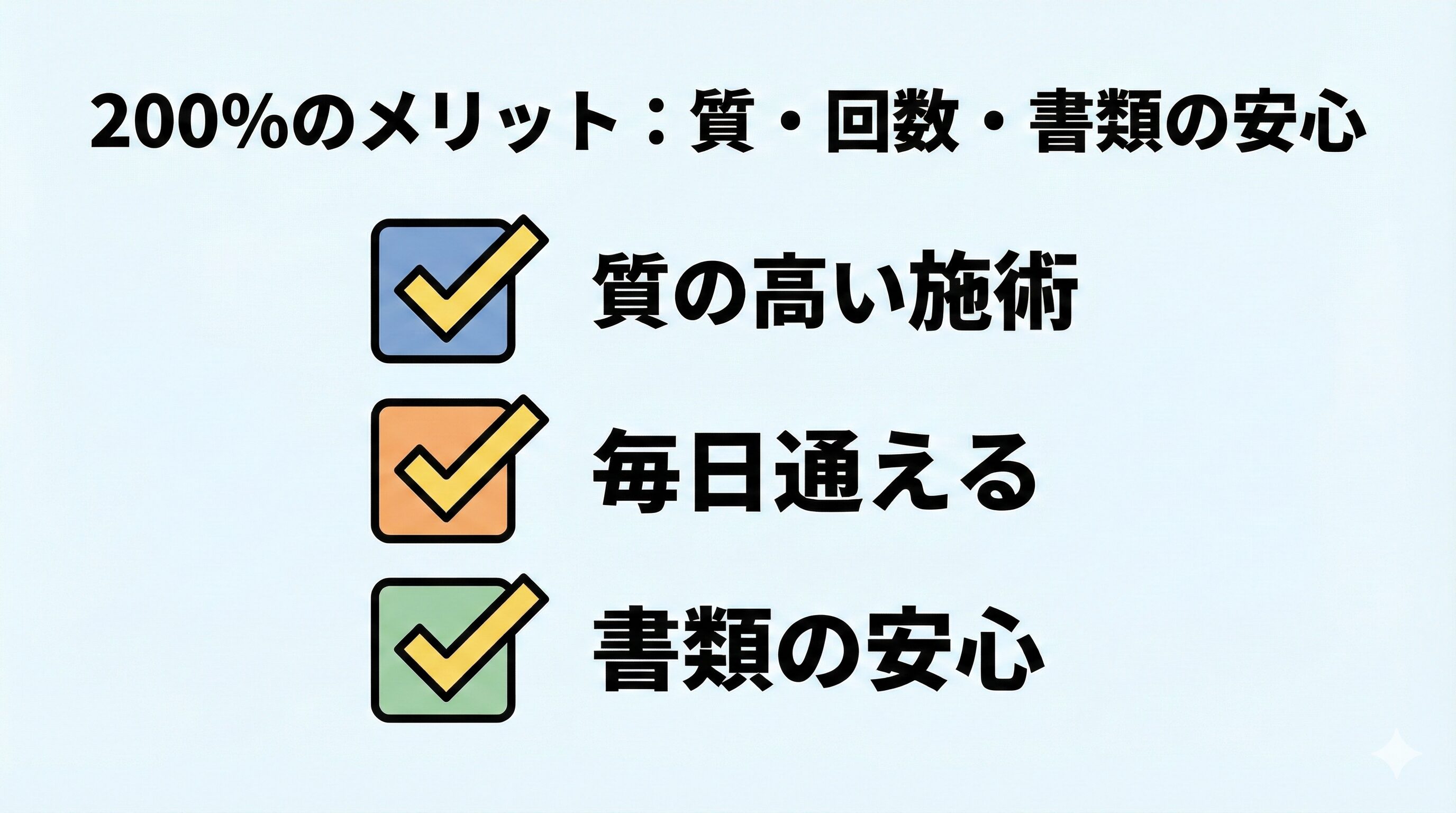 自由診療200パーセントで治療を受ける3つのメリット（質の高い施術、通院回数の柔軟さ、正確な書類作成）をまとめたリスト画像