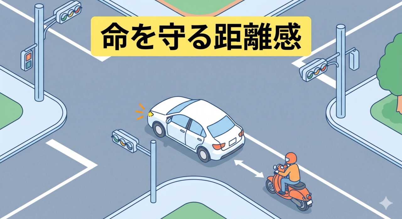 左折車から十分に距離を取り、安全に停止している原付の図解。
