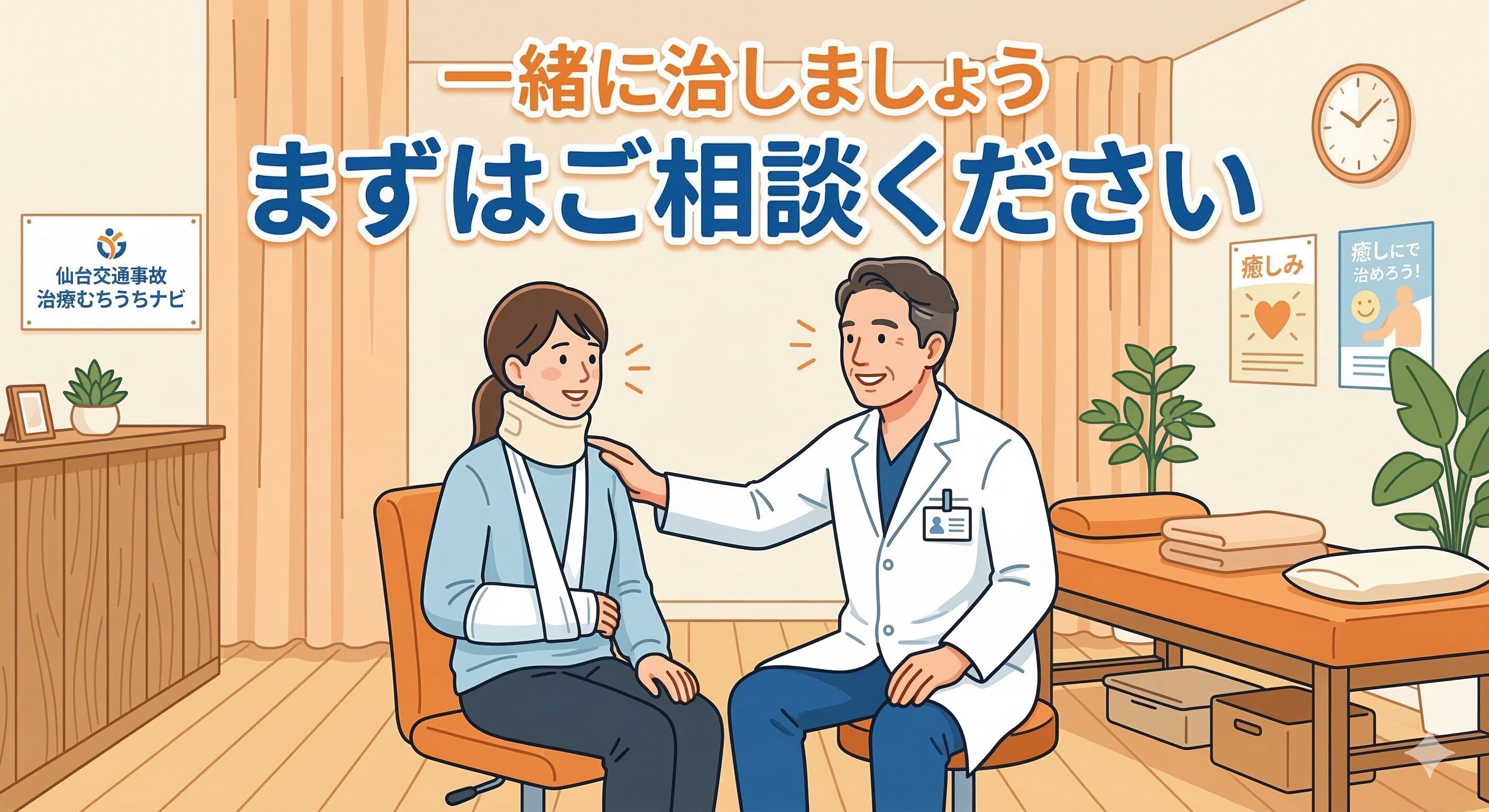 仙台交通事故治療むちうちナビの院長が、不安な患者に優しく寄り添い、一緒に治療を進めることを伝えるイラスト。