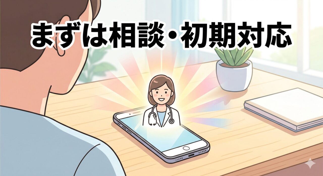 スマートフォンから笑顔の医療スタッフがサポートを提供する様子を描いた、事故後の初期対応イラスト