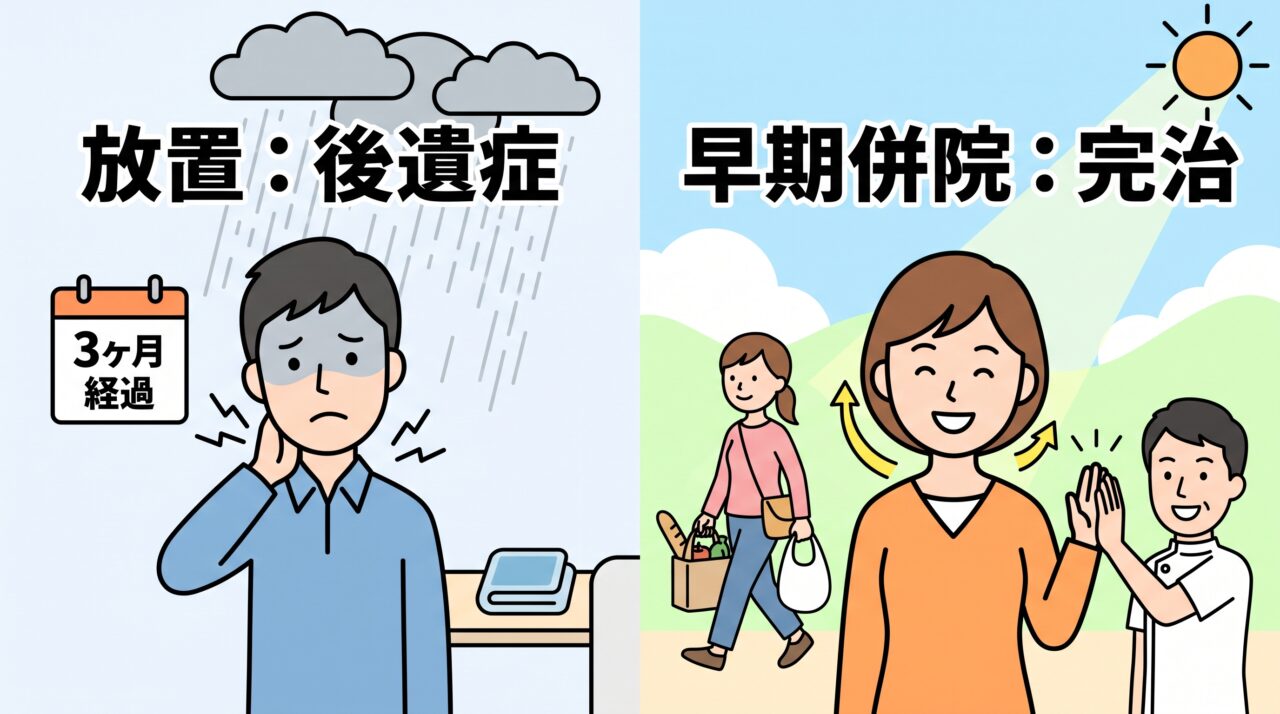 むちうちを湿布だけで放置して後悔した事例と早期に整形外科と整骨院を併用して完治した事例の対比イラスト