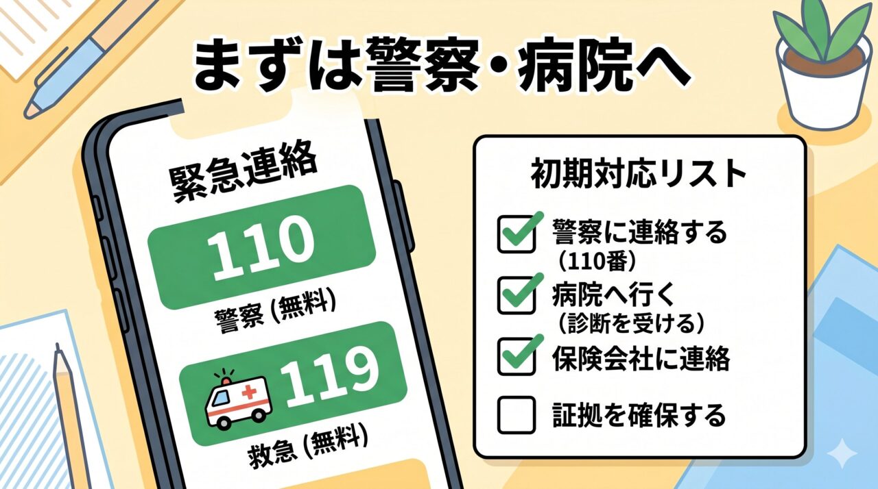 事故直後の初期対応として、警察への連絡と病院受診を促すスマホとチェックリスト