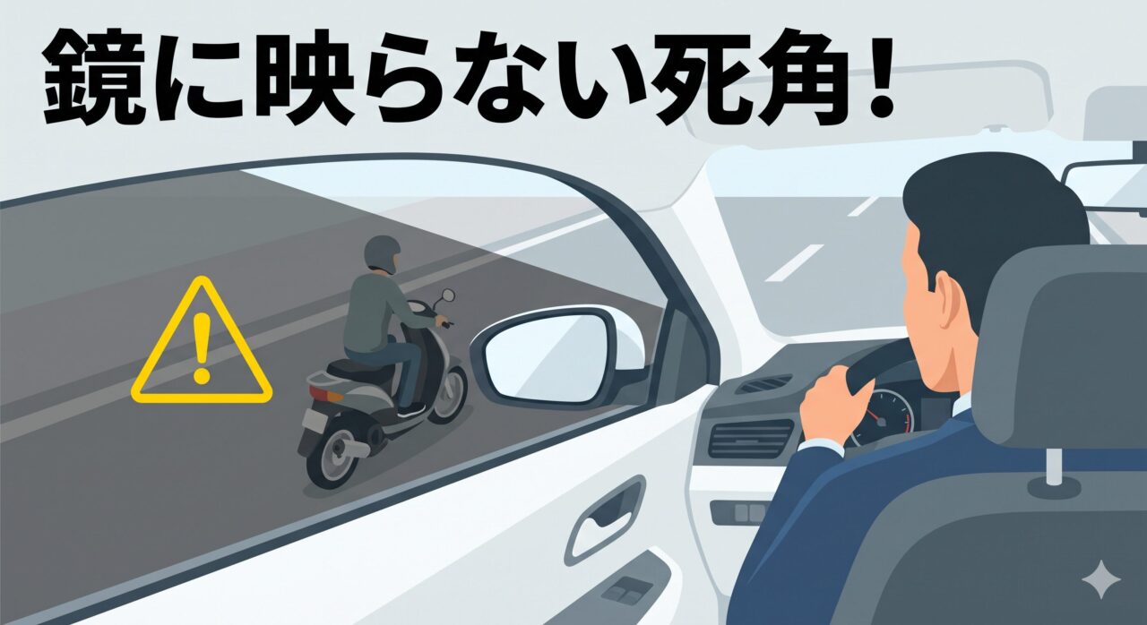 車のサイドミラーの死角範囲を示すイラスト。ミラーには映っていない原付がすぐ横にいる様子。