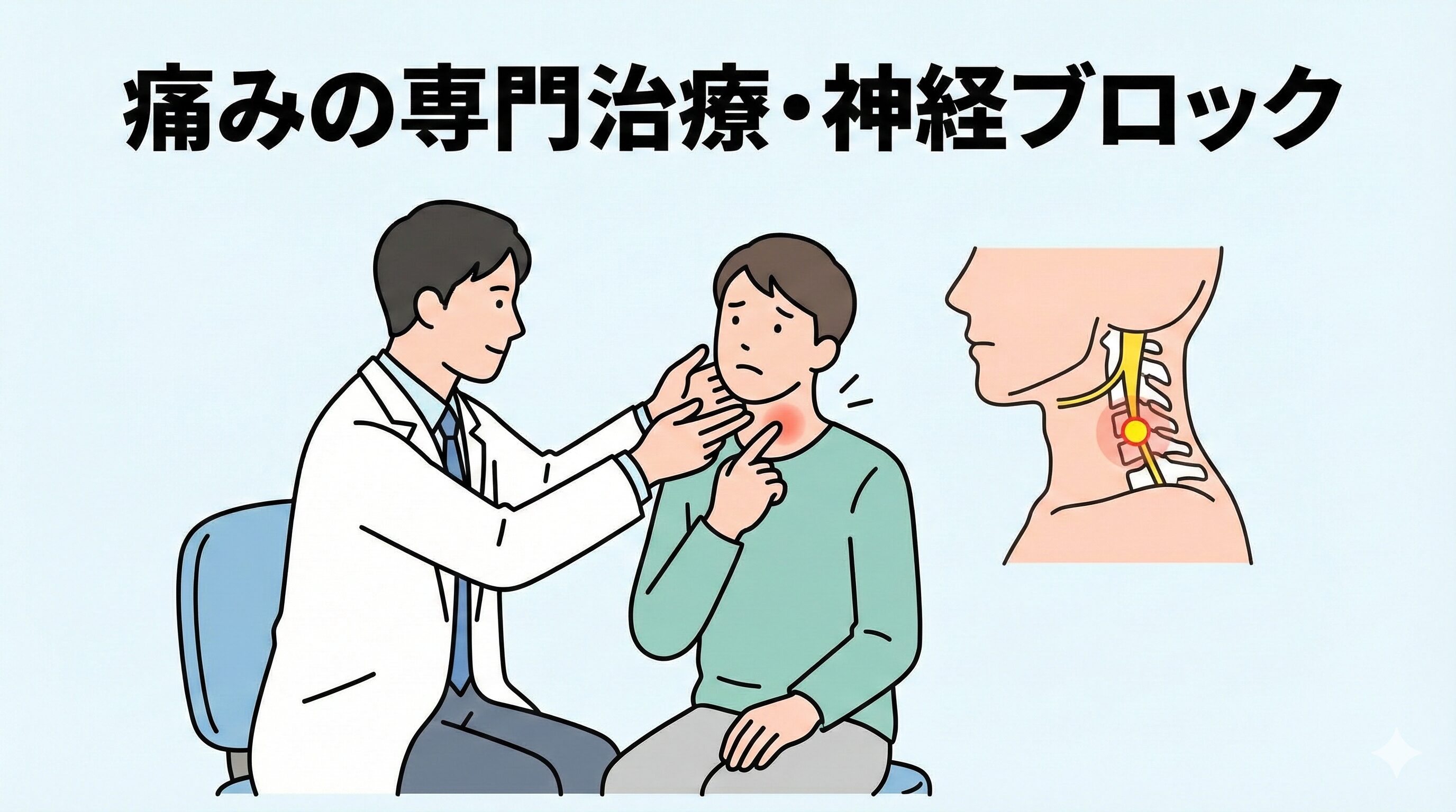 ペインクリニックの医師が、むちうちによる首の痛みの原因を丁寧に診察している様子