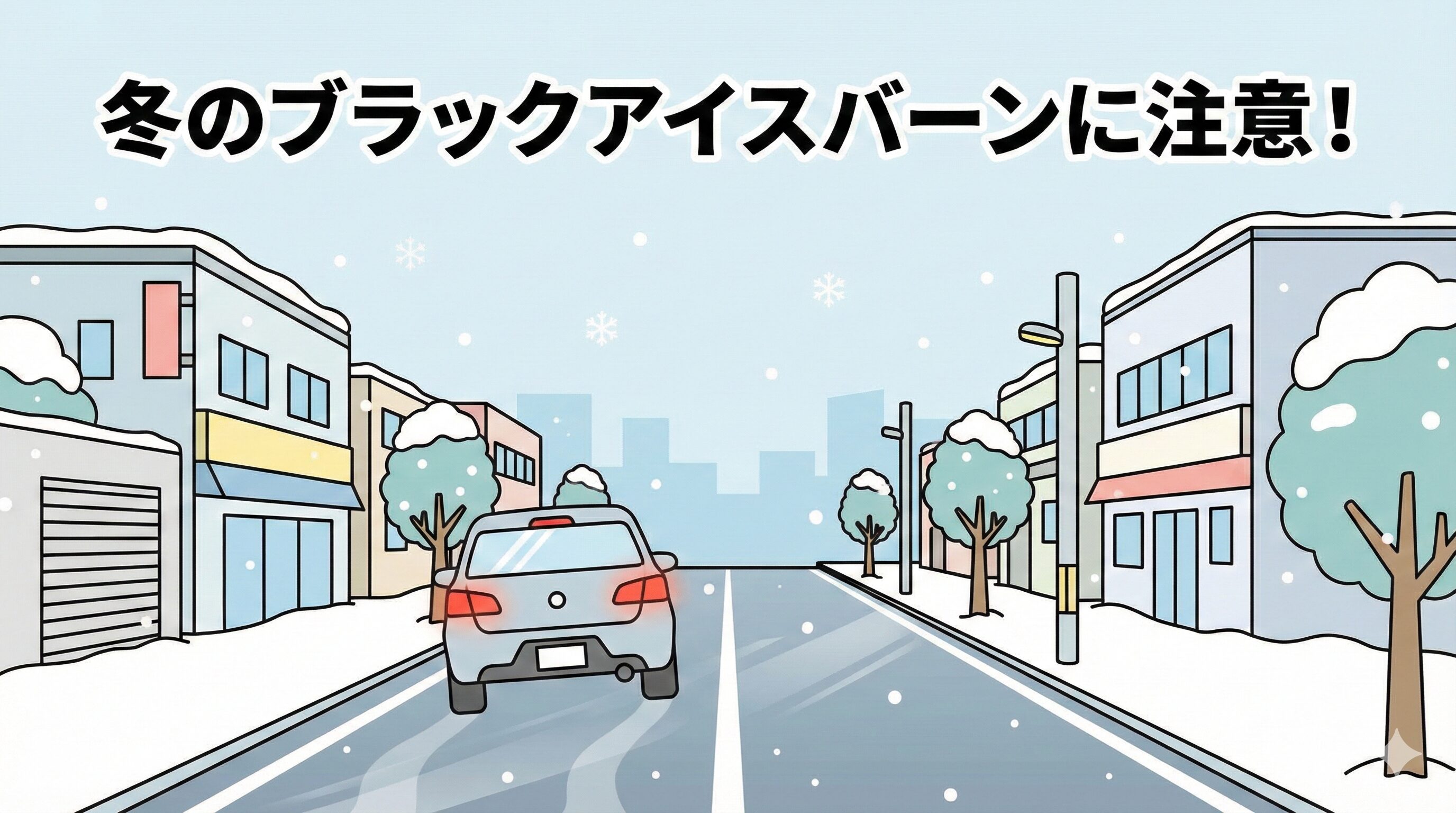 "仙台の冬に見られる、雪が積もった道路や凍結した路面（ブラックアイスバーン）の様子。冬の交通事故リスクのイメージ