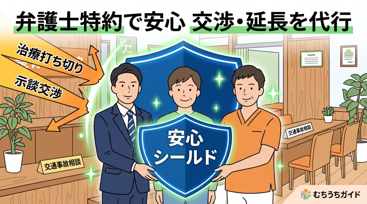 弁護士費用特約を活用して治療打ち切りや慰謝料交渉の不安を解消する様子を描いたイラスト