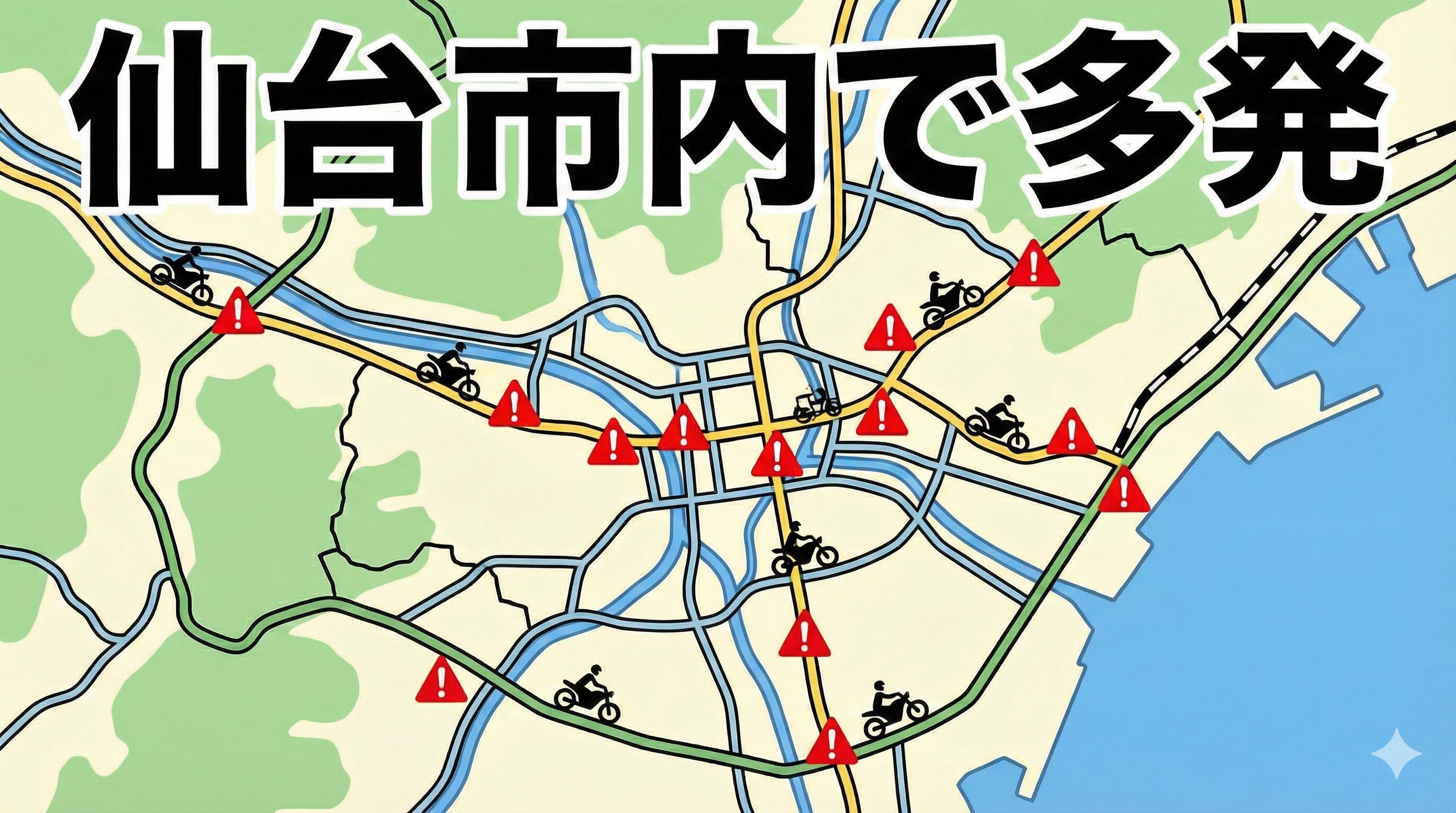 仙台市内の警察署管別でバイク事故が多発していることを示すインフォグラフィック。