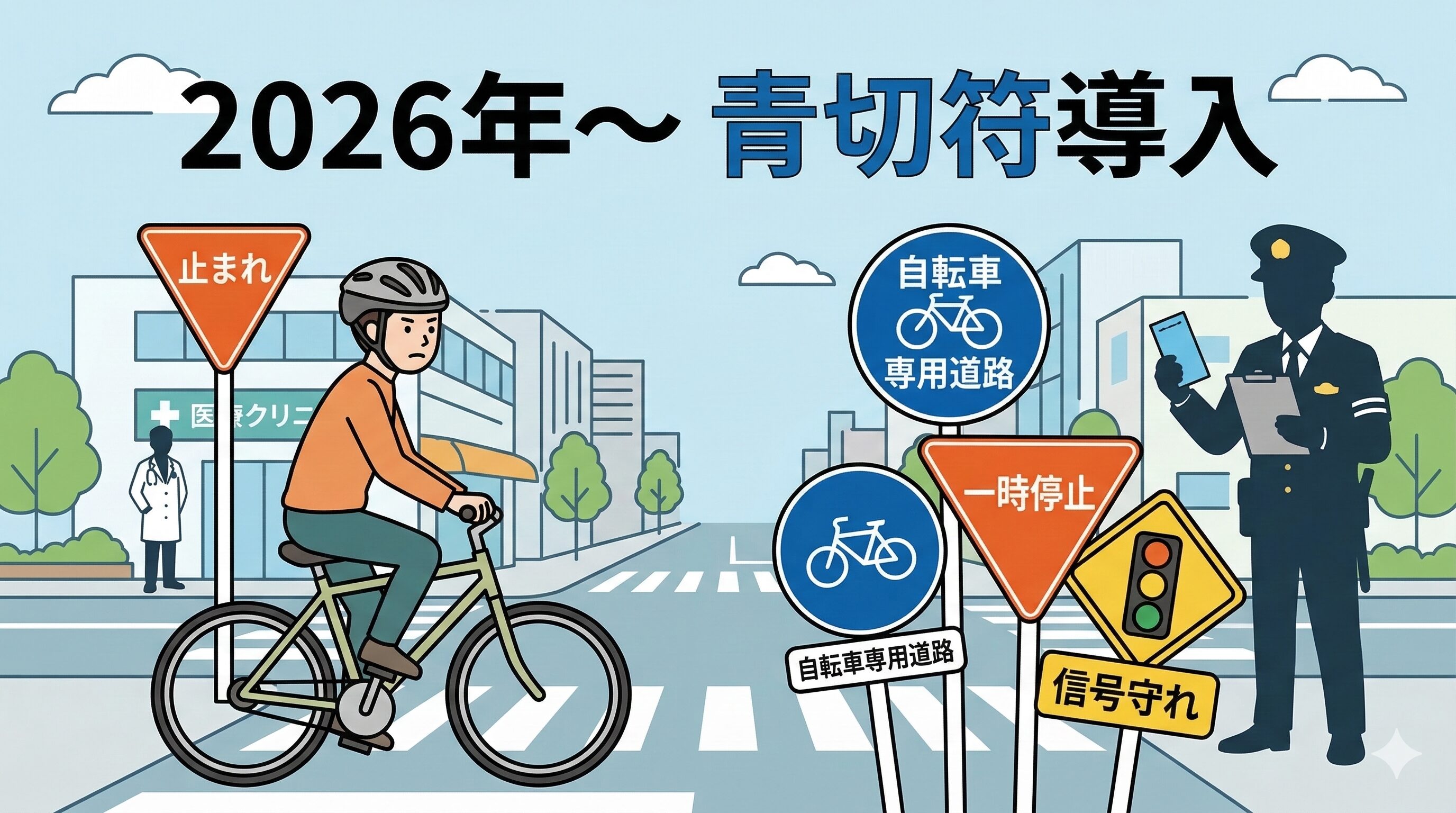 2026年から導入される自転車の交通反則通告制度（青切符）のイメージ画像。