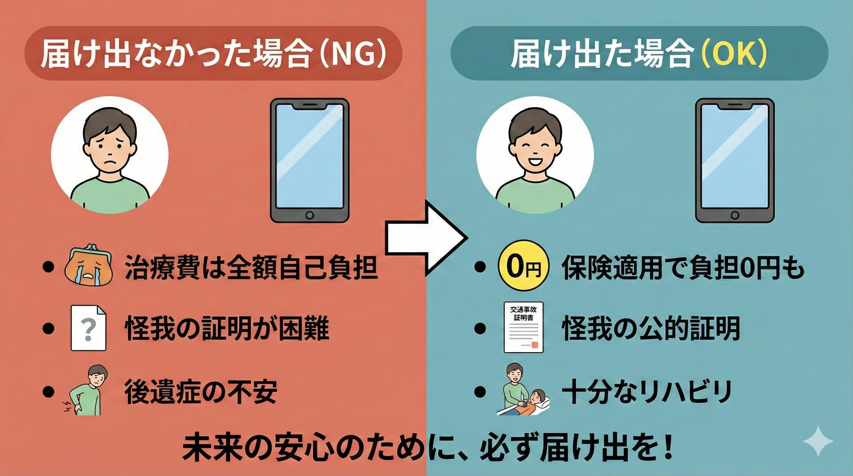 警察に届け出た場合と届け出なかった場合の未来の比較イラスト。左側は保険適用で安心な未来、右側は自己負担と後悔の未来を描いている。