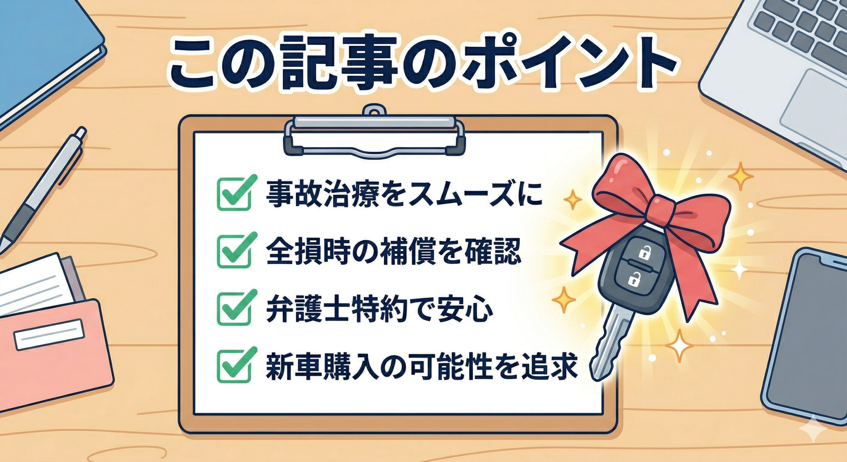自動車事故の解決ポイントが書かれたチェックリストと新しい車のキーのインフォグラフィック。