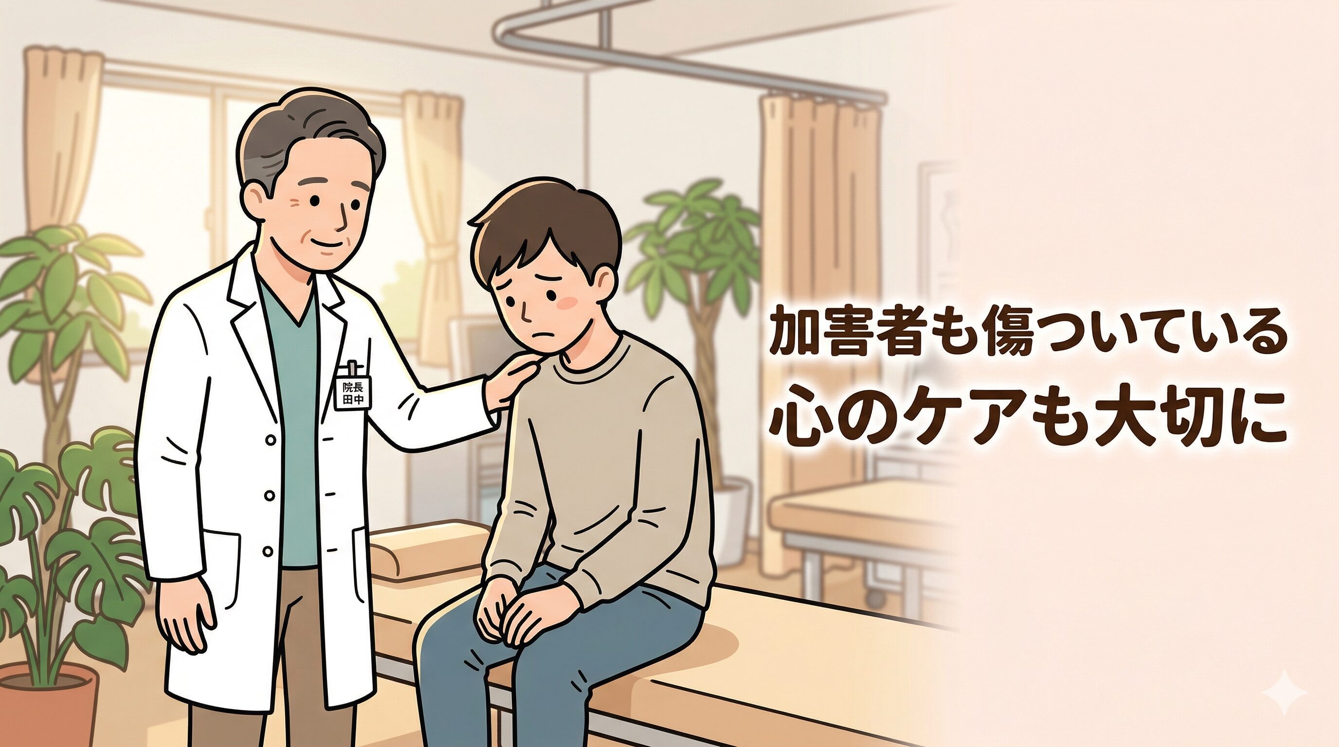 接骨院の院長が、事故の罪悪感で悩む加害者の患者に優しく寄り添い励ましているイラスト