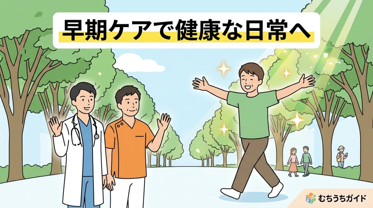 併用通院によって交通事故のむちうちが早期改善し元気に社会復帰した患者のイラスト